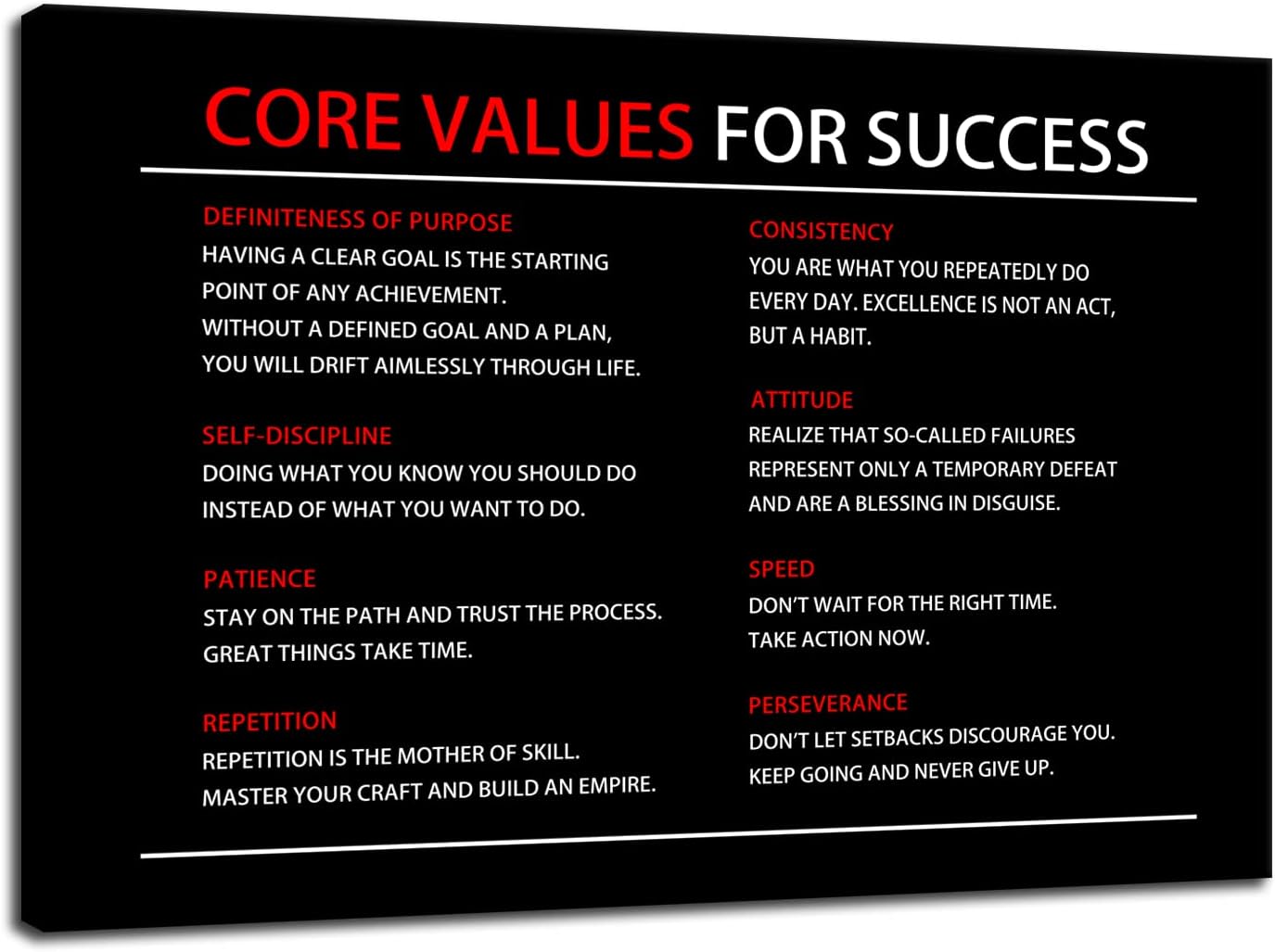 Inspirational Wall Art Core Values Quote Motivational Poster Inspiring Canvas Painting Prints Wall Pictures for Living Room Home Decor Framed Artwork [12''W x 18''H]