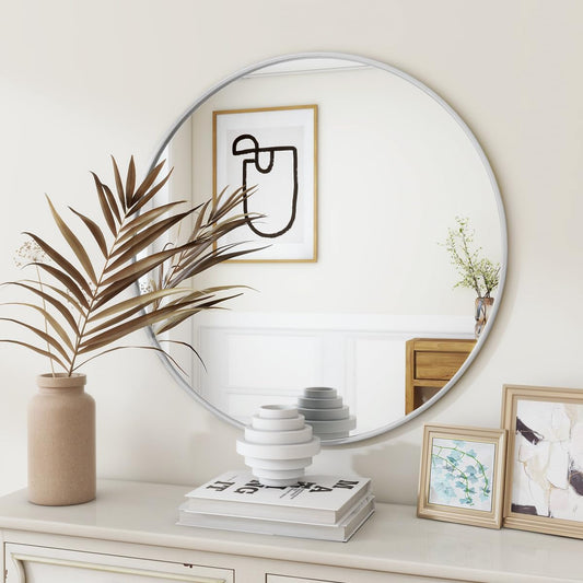BEAUTYPEAK 20 Inch Round Mirror, Metal Frame Circle Mirror, Wall Mounted for Entryway, Bathroom, Vanity, Living Room, White