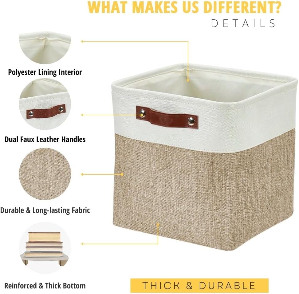 DECOMOMO Storage Cubes, 11x11 Cube Storage Bins, Baskets for Shelves (Beige & White, Cube 11" - 4 Pack)