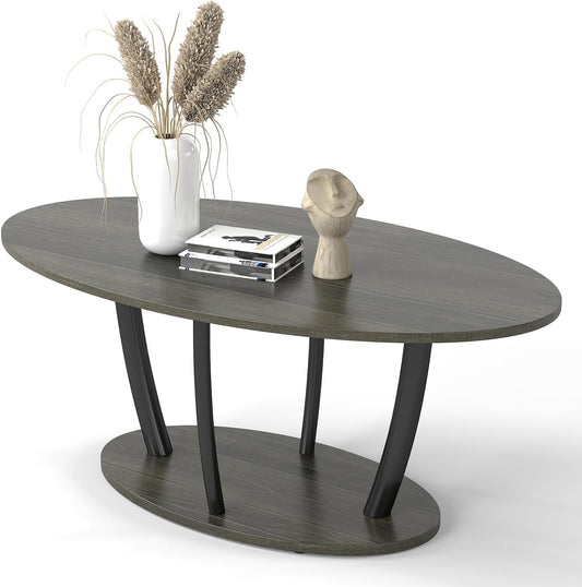 Manora Small Oval Coffee Table with Storage, Rustic Farmhouse Industrial Center Table for Living Room, VintageTea Table for Small Spaces, Gray
