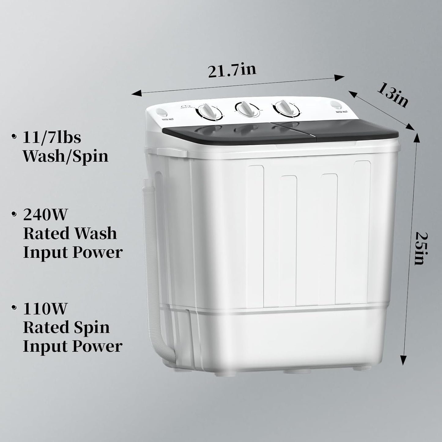 Portable Mini Twin Tub 18lbs Washing Machine With Drying Rack& 10 Hangers, 11lbs Washer & 7lbs Spinner, Small Laundry Washer with Time Control for Camping, Apartments, RV (18lbsBlack)