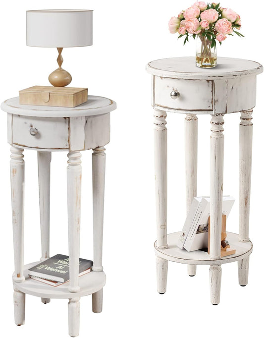 COSIEST Tall End Table with Drawer Sets of 2, Round Nightstand Bedside Table with Storage Shelf, Industrial Telephone End Table for Living Room, Bedroom, Hall Way, Space Saving
