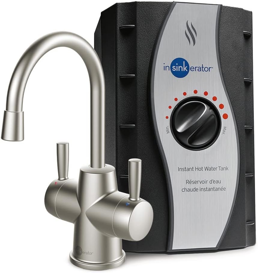 InSinkErator HOT250 Instant Hot and Cold Water Dispenser System, 2-Handle Drinking Water Faucet in Satin Nickel with 2/3-Gallon, Filter-Compatible, Stainless Steel Tank, HC250SN-SS