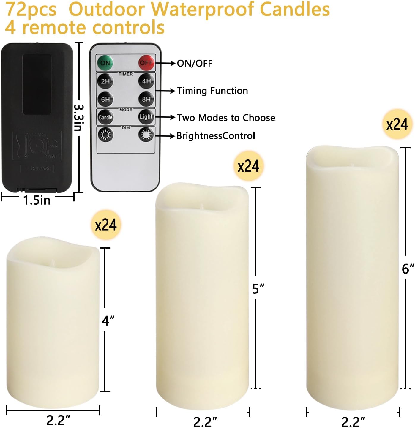 72-Pack Realistic Flameless LED Candle, Battery Operated with Remote Control, 3D Flame Pillar Timer Funtion Melted Top Safe,Perfect for Indoor/Outdoor Decor,Wedding,BBQ and Gift.
