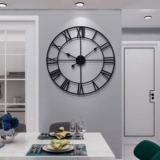 LEIKE 16" Large Wall Clocks Battery Operated, Round Modern Silent Non-Ticking Black Metal Wall Clock for Living Room Decor, Bedroom Kitchen (40cm Diameter, Black Roman Number)