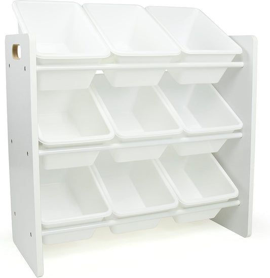 Humble Crew 9-Bin Toy Organizer – Cambridge White Plastic Bins, 3-Tier Storage Solution for Kids' Playrooms and Nurseries