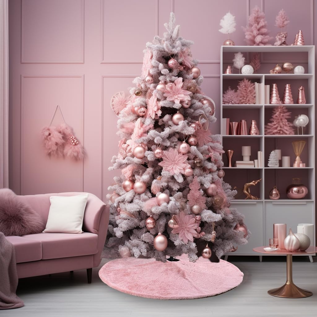 AISENO 48 Inch Christmas Tree Skirt Faux Fur Pink Bright Silk Shiny Decoration for Christmas Tree Plush Merry Christmas Decorations Decor