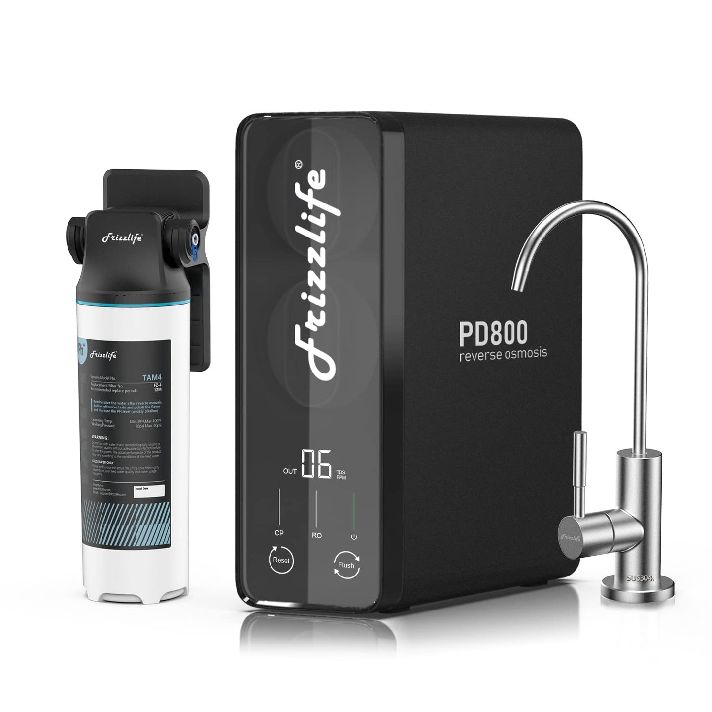 Frizzlife 800GPD Reverse Osmosis Water Filter, Alkaline Mineral pH+ Reverse Osmosis System, 9-Stage Filtration Tankless RO Water Filter System, 2:1 Pure to Drain, Under Sink, Reduce TDS, PD800-TAM4