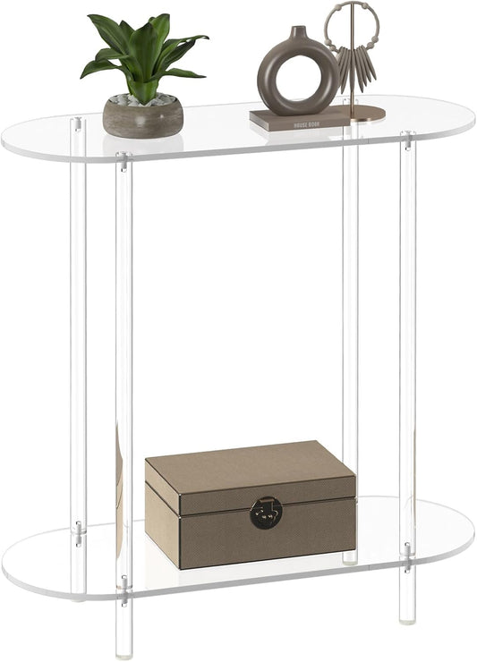 Acrylic Console Table, Oval, 29.5" Small Entryway Table, Clear Entry Table for Sofa, Foyer, Hallway, Living Room, Easy Assembly, 2 Tier, 11.8" D x 31.5" H