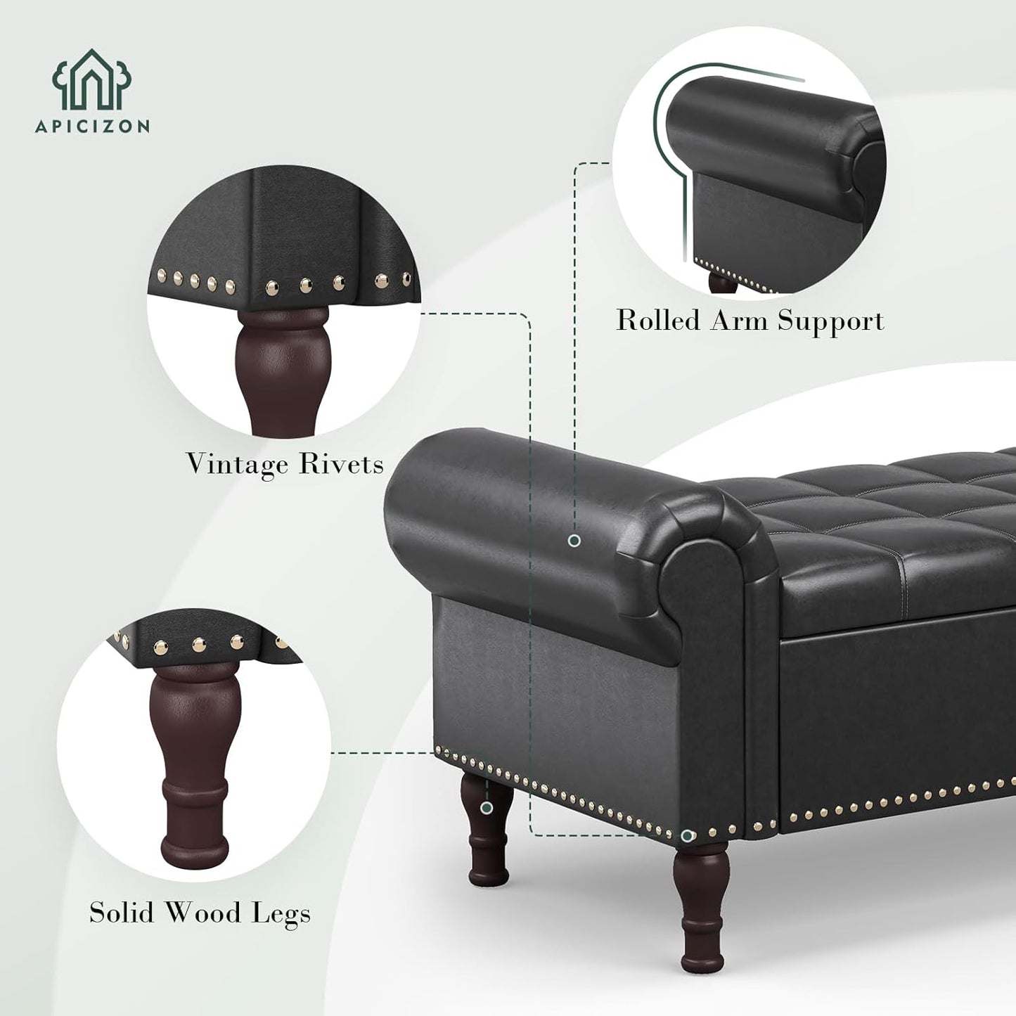 Apicizon 60”Storage Benches, Queen Size Faux Leather Bed Bench with Tufted Button, Upholstered Bench with Rolled Arm and Vintage Rivets for Foot of Bed, Living Room, Entrance，Black