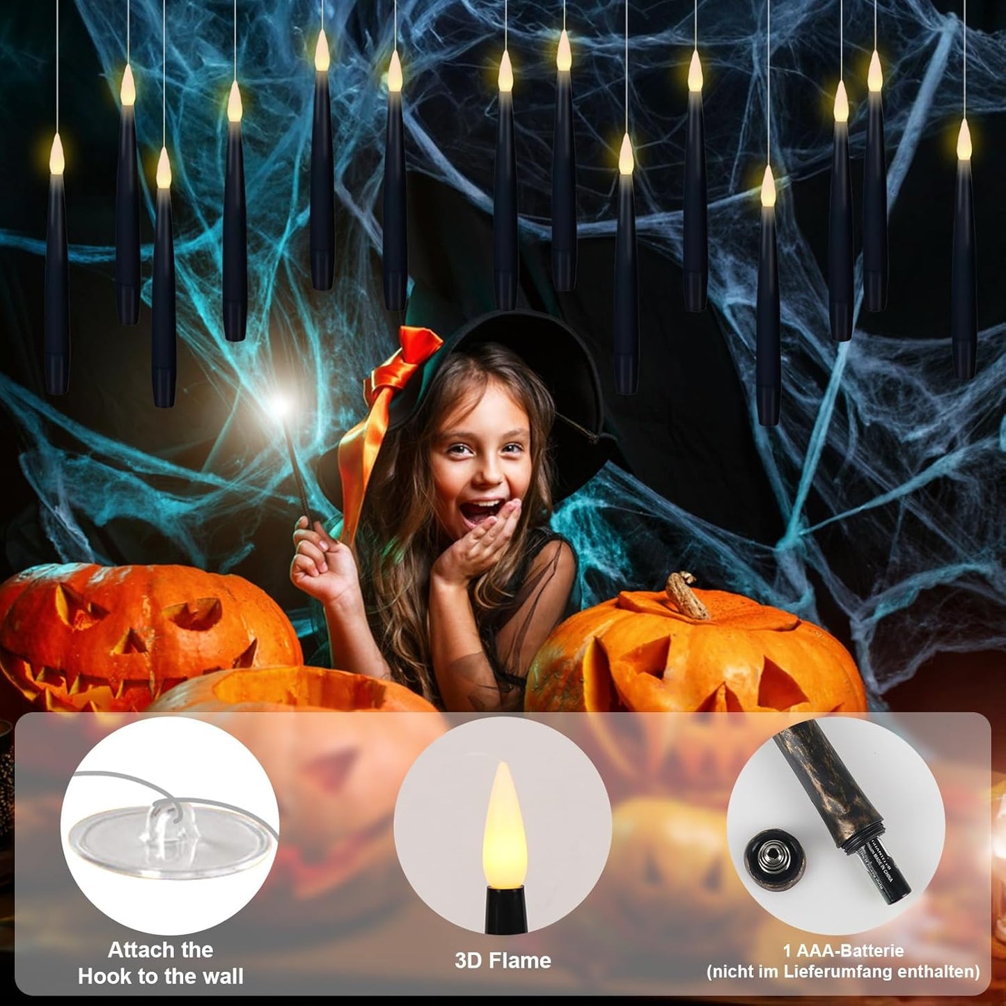GenSwin 22pcs Flameless Floating Candle with Magic Wand Remote Timer, Battery Operated Hanging Window Candles Flickering, 6.1" LED Electric Candles for Christmas Halloween Decorations(Black)