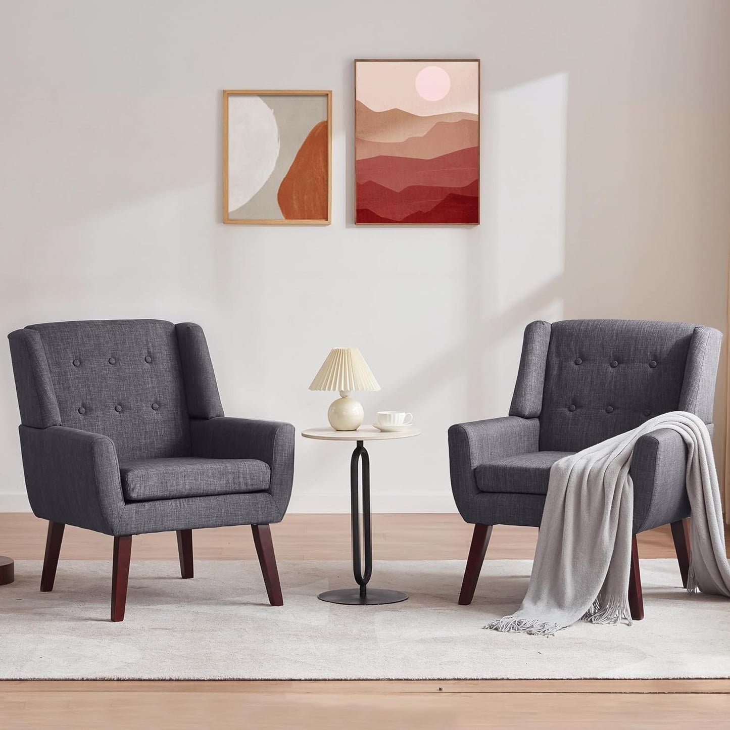 HUIMO Button-Tufted Accent Chairs Set of 2,Upholstered Reading Living Room Chair,Mid Century Modern Chair with Linen Fabric, Club Chair,Comfy Arm Chairs for Living Room,Bedroom,Grey