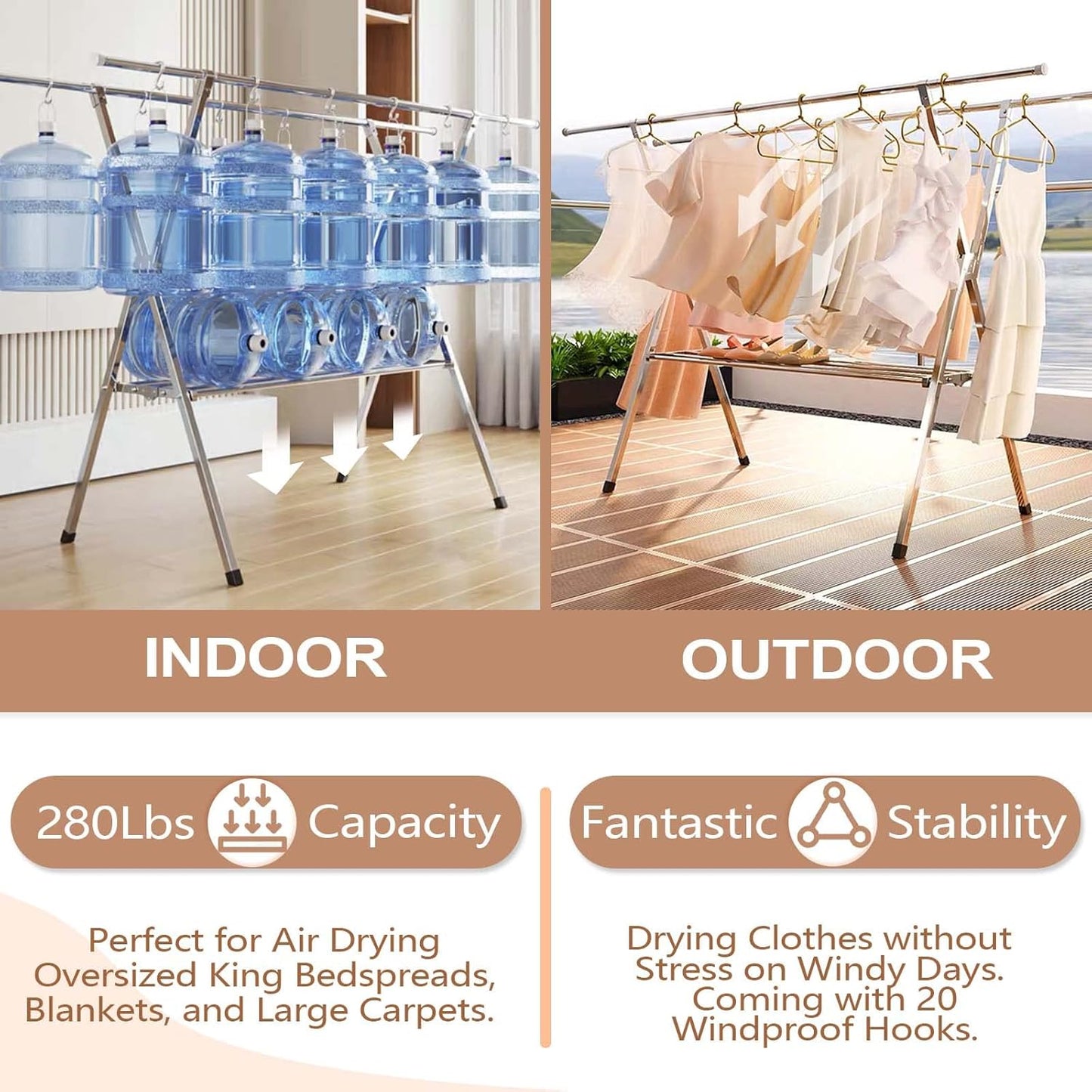 JAUREE Clothes Drying Rack 2 Tiers, Heavy Duty Drying Rack Clothing Folding Indoor Outdoor, Stainless Steel Laundry Drying Rack, Foldable Garment Rack with 20 Windproof Hooks (84 Inches)