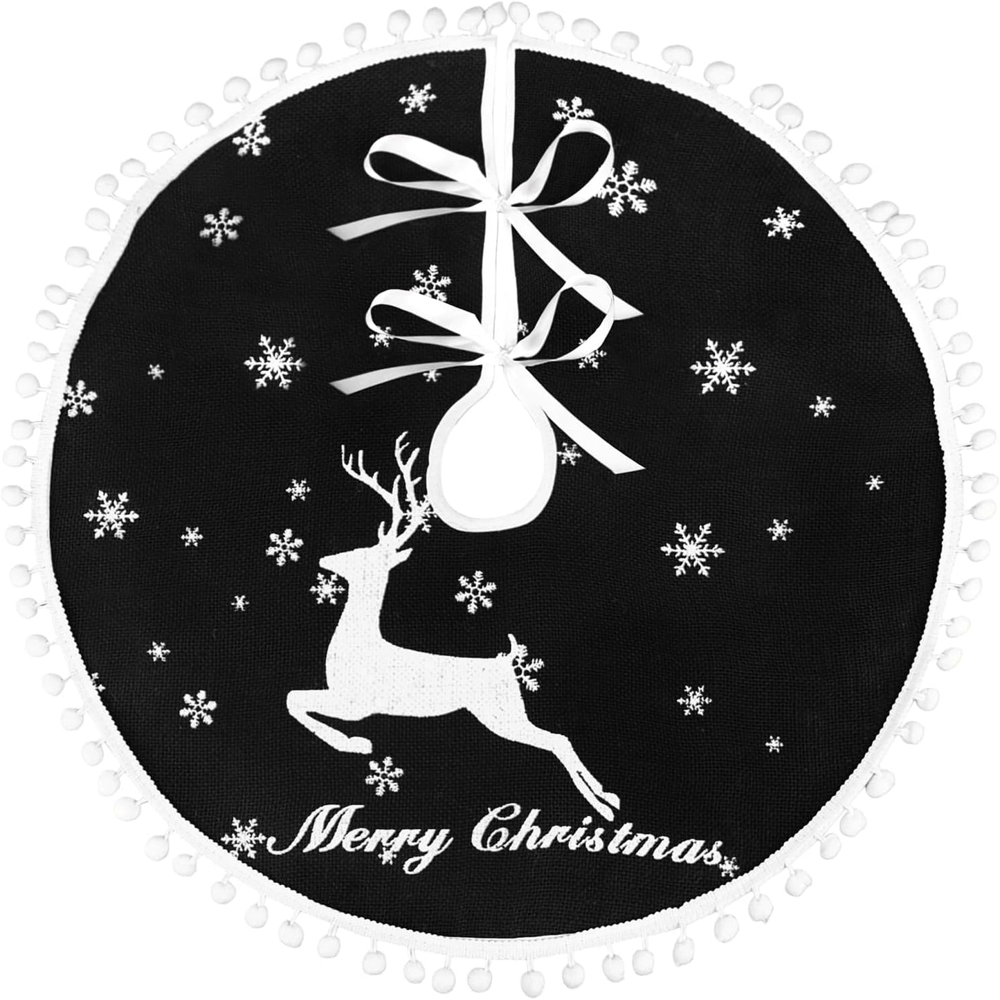 36 Inch Christmas Tree Skirt, Burlap Black Christmas Rustic Tree Skirt with Elk Deer and White Snowflake Printed for Holiday Party Xmas Tree Decoration