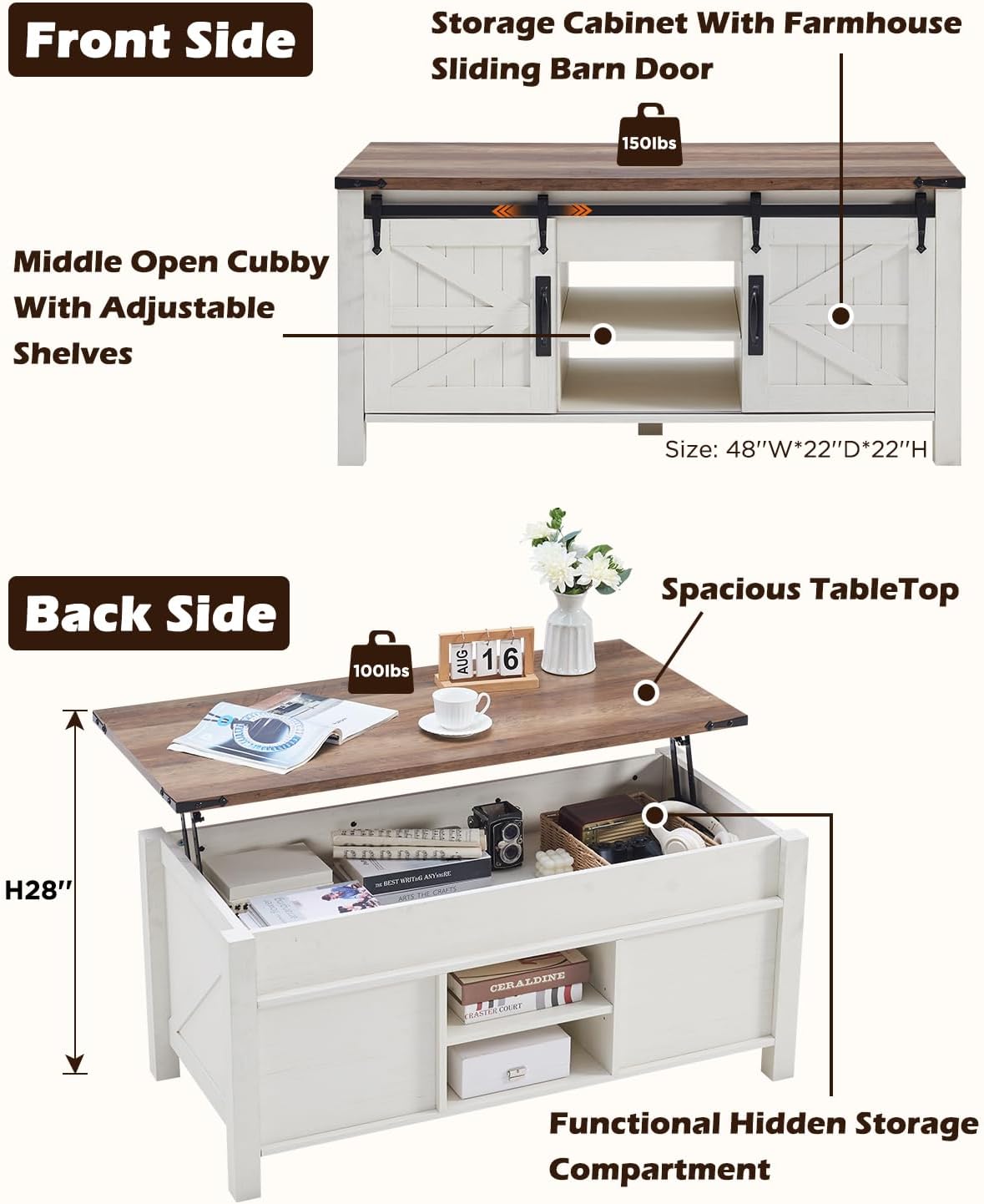 OKD 48" Farmhouse Lift Top Coffee Table with Sliding Barn Door,Rustic Center Table with Hidden Storage Compartment,Lifting Tabletop and Adjustable Shelf for Living Room,Office,Antique White