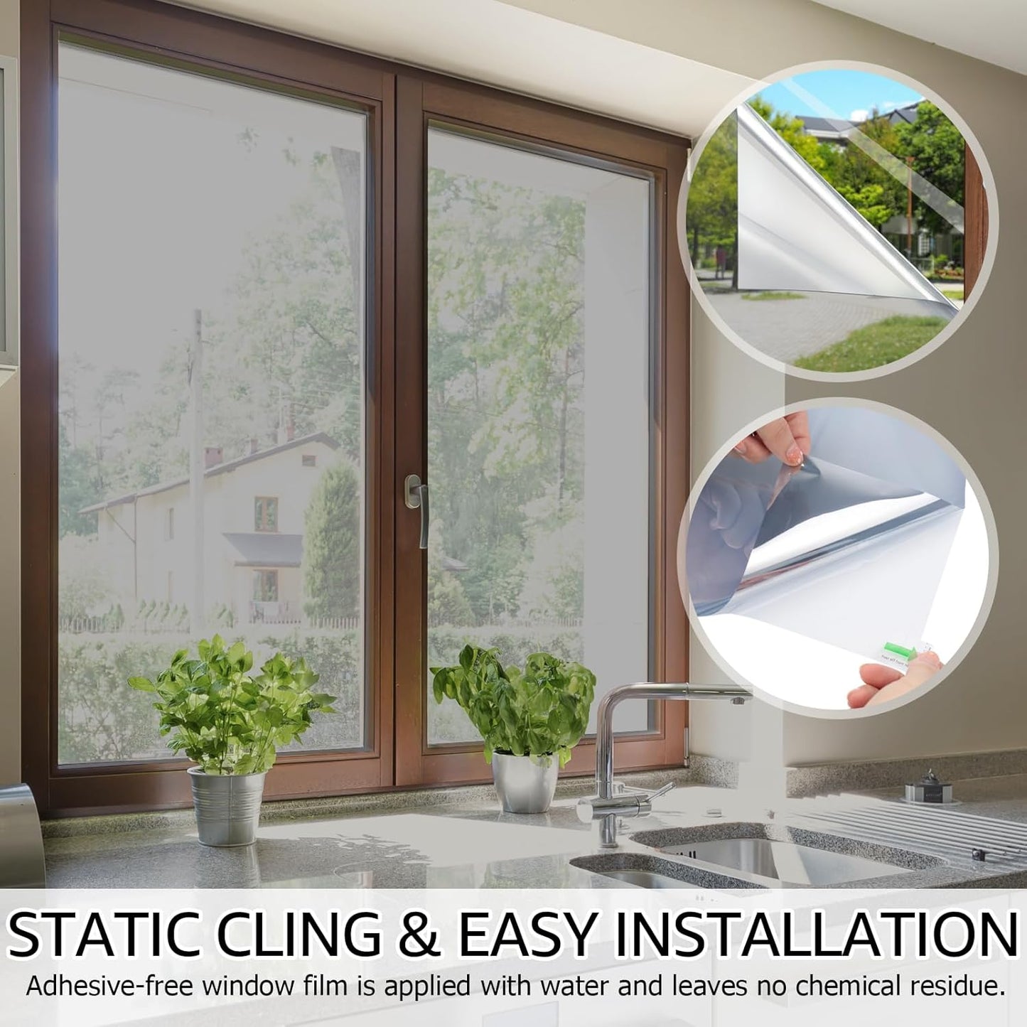 HIDBEA One Way Privacy Window Film, Daytime Privacy Sun Blocking Anti UV Reflective Window film Heat Control Static Cling Window Tint film for Home and Office, Silver, 35.4 x 393.7 Inch