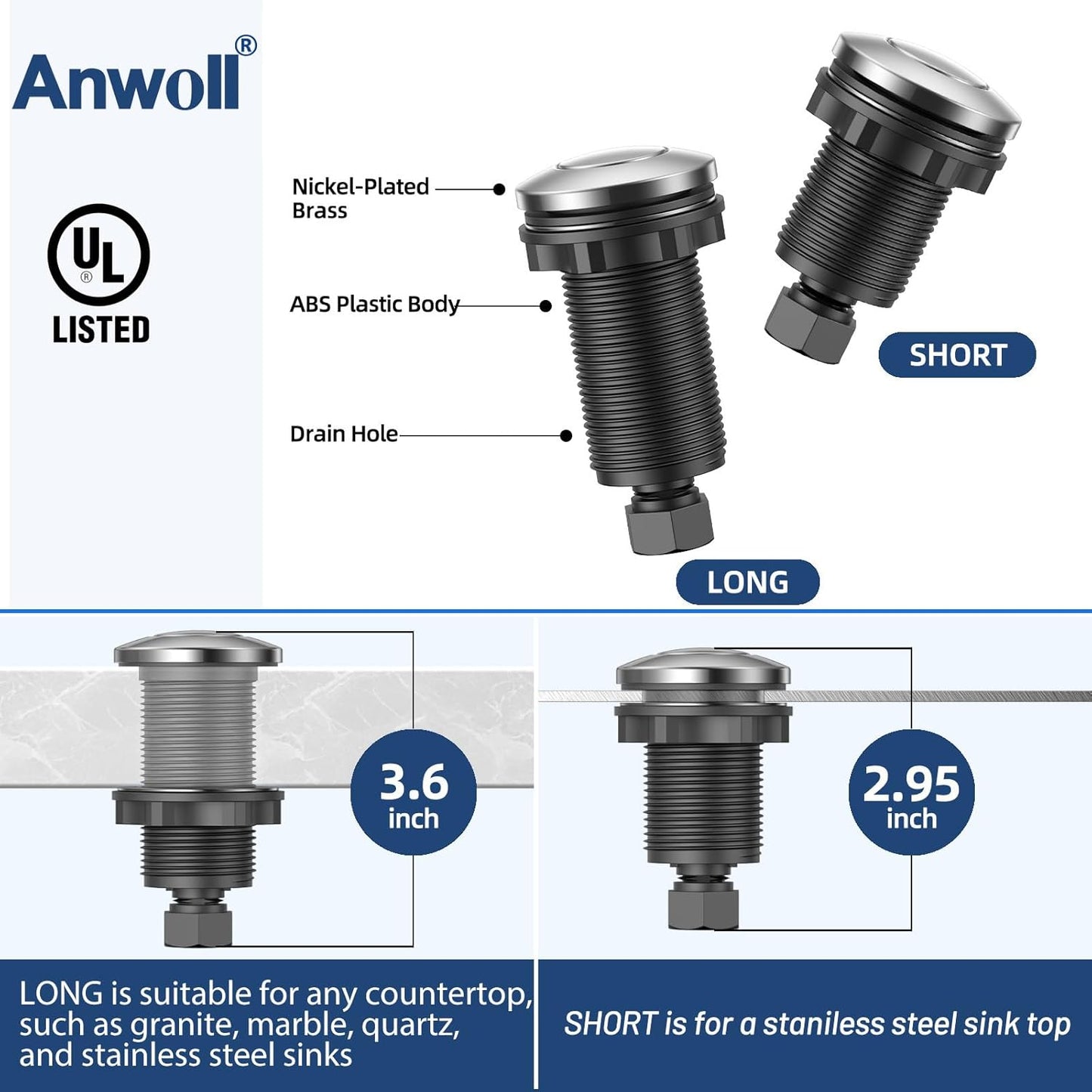 Garbage Disposal Air Switch Kit -Professional- Dual Outlet, Sink Top Waste Disposer On/Off, Garbage Disposal Button, UL Listed