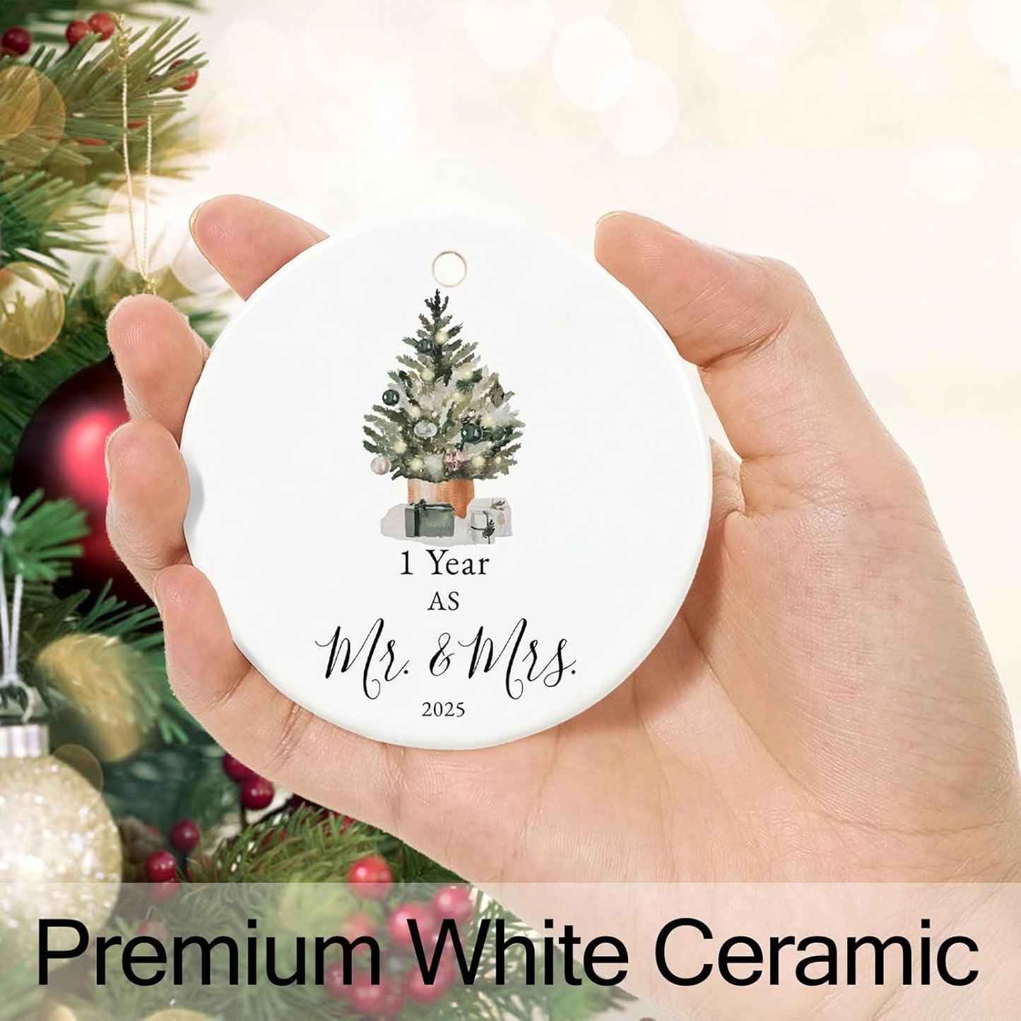 First Anniversary Ornament Gifts for Couple, Wedding Keepsake for 1 Year as Mr and Mrs, Ceramic Christmas Ornament With Ribbon and Box