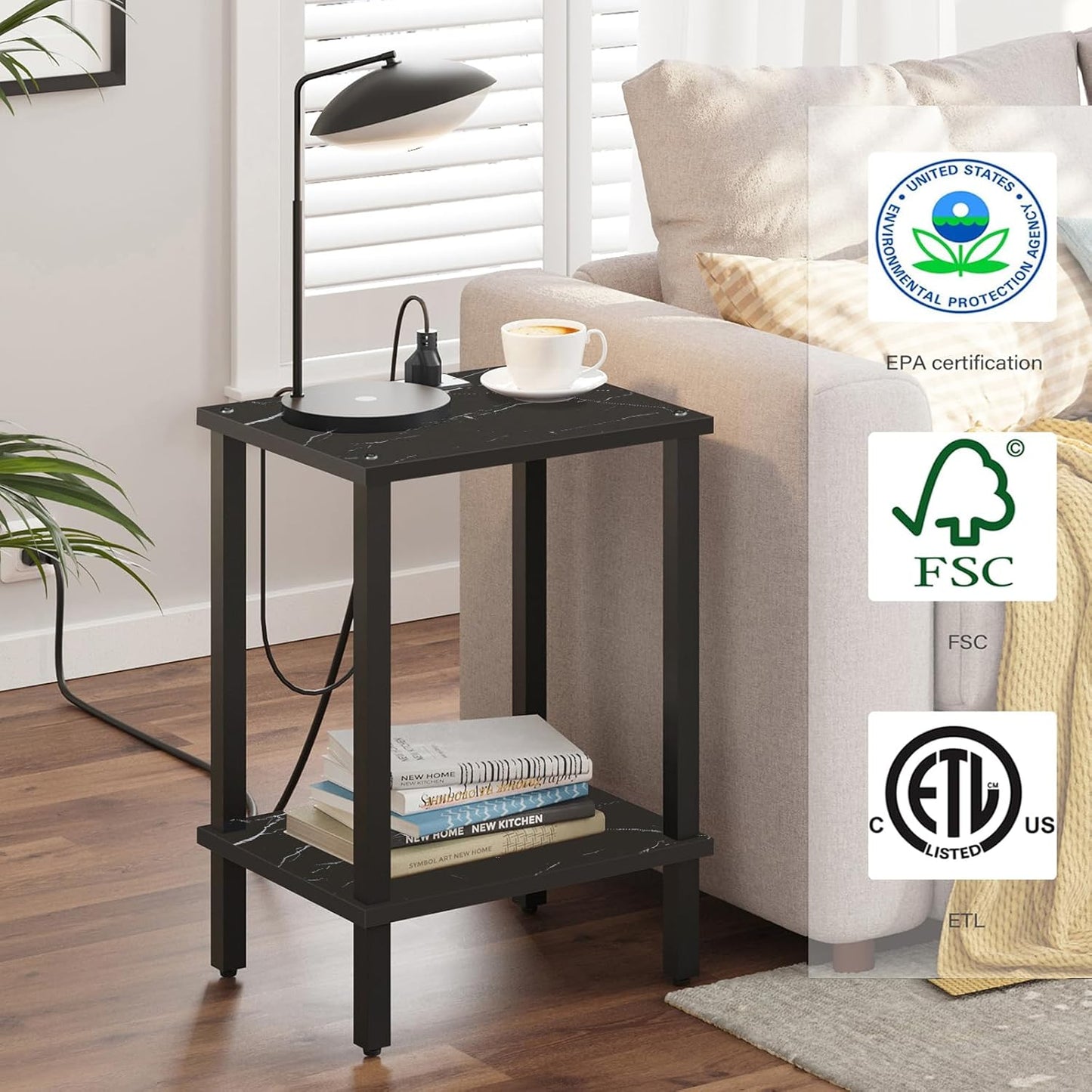 TUTOTAK End Table with Charging Station, Set of 2, Small Side Table, Nightstand Bedside Table, 2-Tier Storage Shelf for Small Space, Living Room, Bedroom Marble Black TB01BMK041