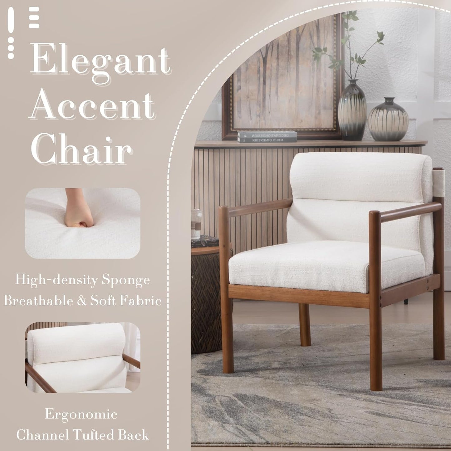 Modern Living Room Chairs Set of 2, White Upholstered Accent Chairs with Channel Tufted Back, Brown Wood Lounge Reading Arm Chairs, Linen Fabric Side Sitting Chairs for Guest Room, Balcony