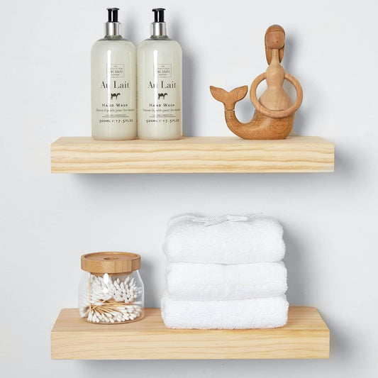 Homeforia Wood Floating Shelf 16 inch, High End Solid Natural Wood 16inch Floating Shelves for Wall Mounted, Unfinished Wooden Small Floating Shelves, Heavy Duty Bracket, 16 X 6.5 X 1.75 in, Set of 3