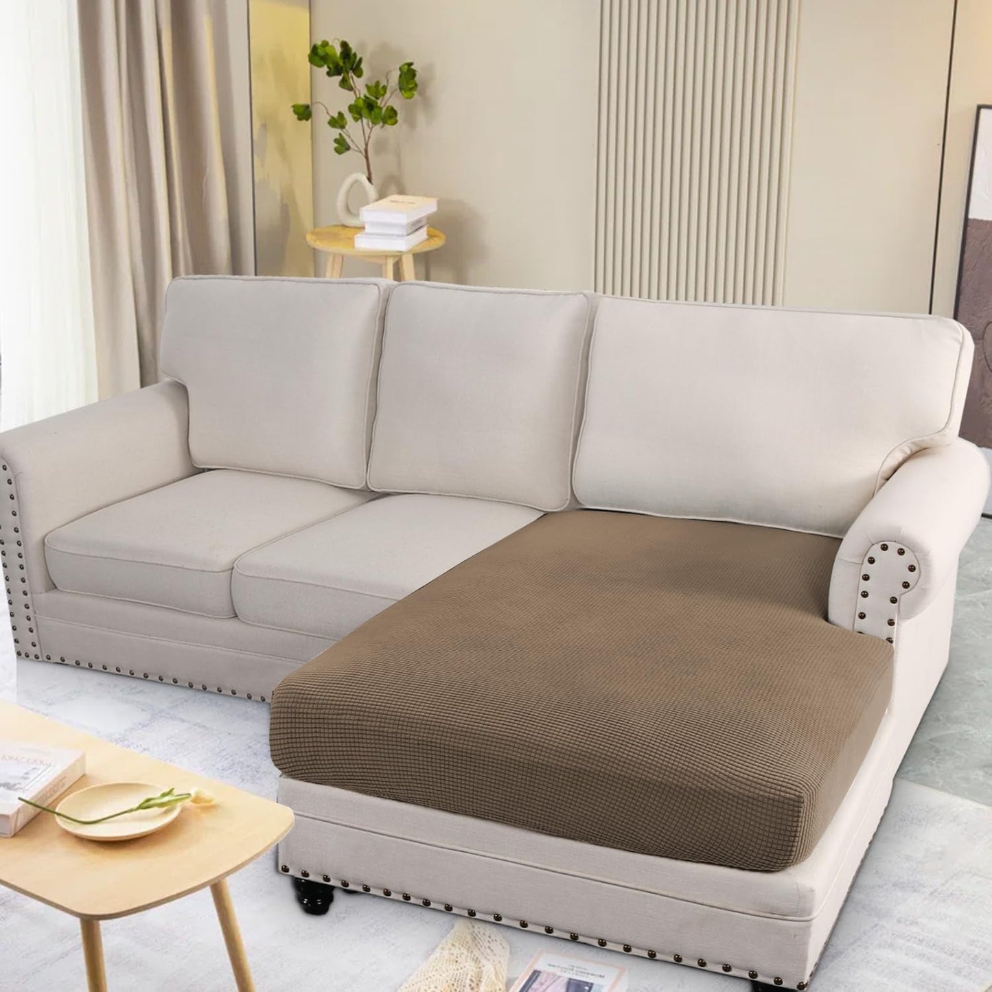 H.VERSAILTEX Super Stretch Individual Chaise Cover Sectional Couch Covers for L Shaped Sofa Both Left/Right Featuring Thick Jacquard Textured Twill Fabric (1 Piece Chaise Cover Large, Macchiato)