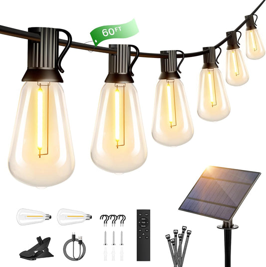 OHLUX 60FT Solar Globe String Lights Outdoor, Shatterproof Solar Patio Lights with Remote, 27 Dimmable ST38 LED Filament Bulbs, 2200K Soft Warm White Edison Hanging Light for Outside Canopy Deck