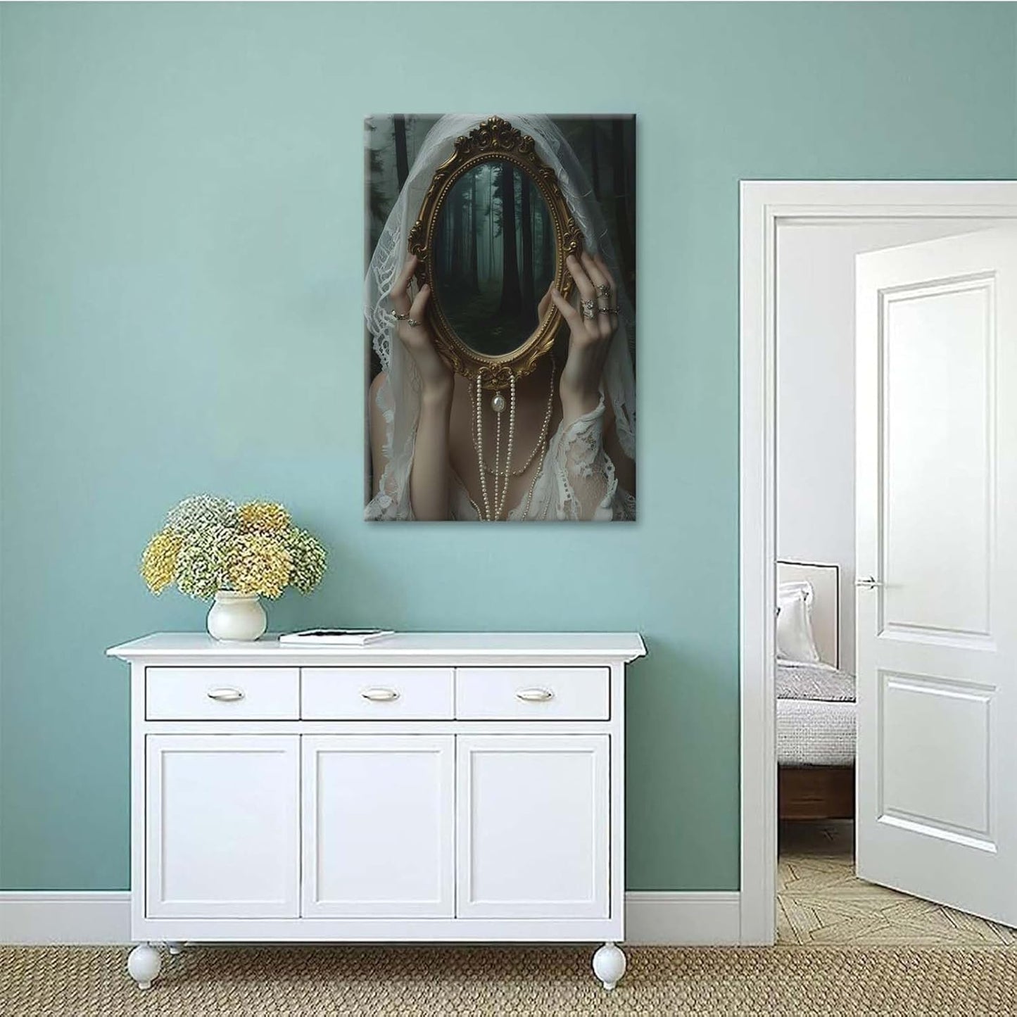 Mirror face covering dark art poster print melancholy gothic painting vintage feminine print victorian style decoration antique art16x24in Frameless