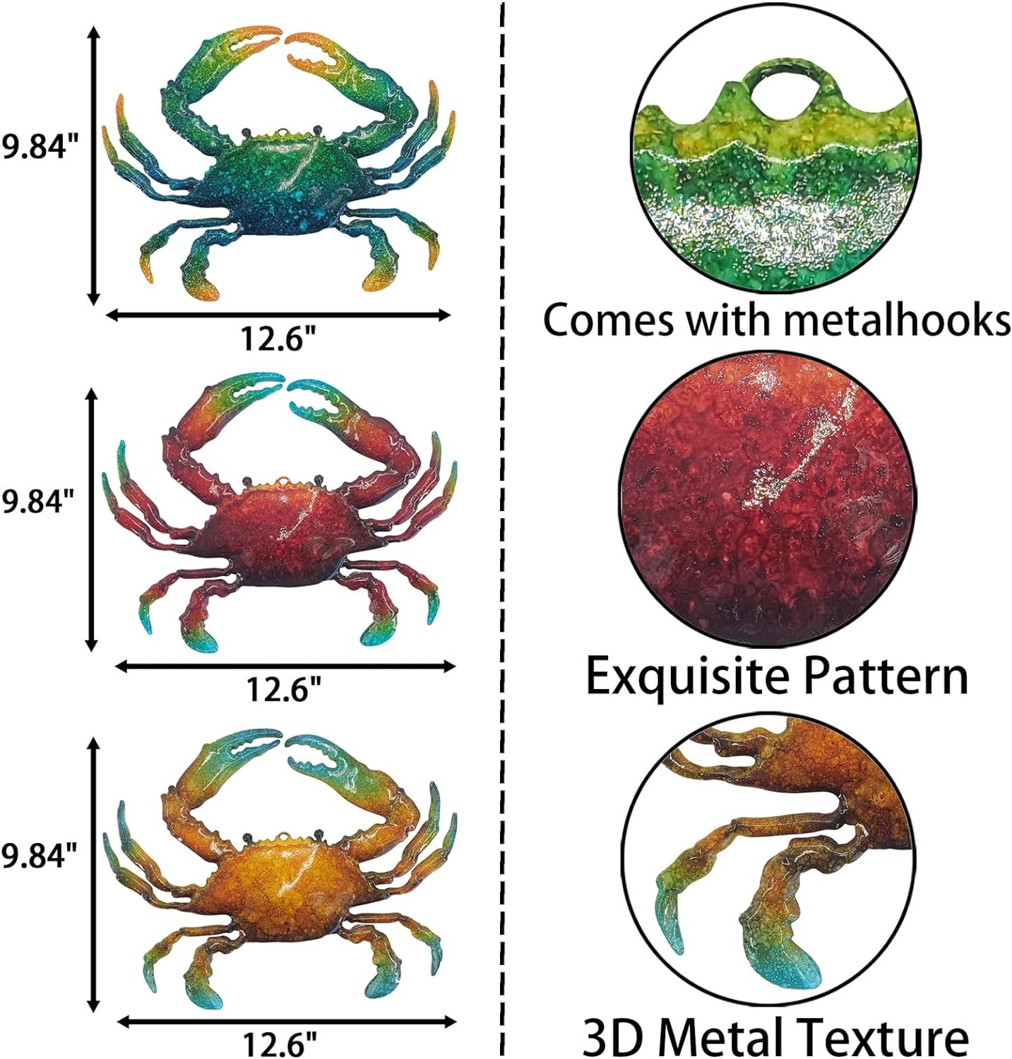 John's Studio Metal Crab Sea Wall Decor Outdoor Garden Hanging Art Sculptures Home Ocean Theme Decorations for Kitchen Bathroom and Pool - 3 PCS