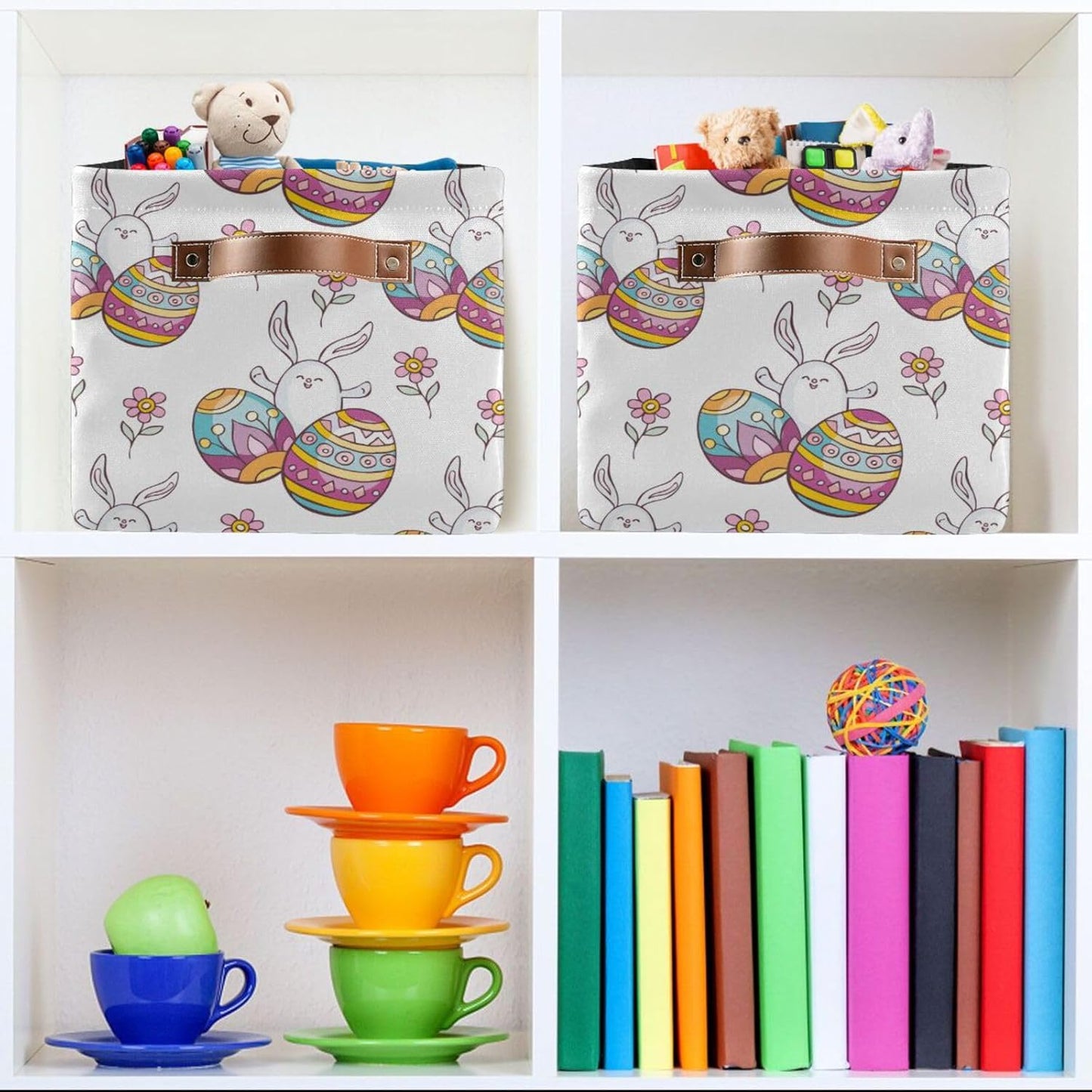 susiyo Easter Storage Basket with Handles, Cute Easter Rabbit Egg Large Foldable Fabric Collapsible Storage Bins Organizer Bag for Storage 2PACK