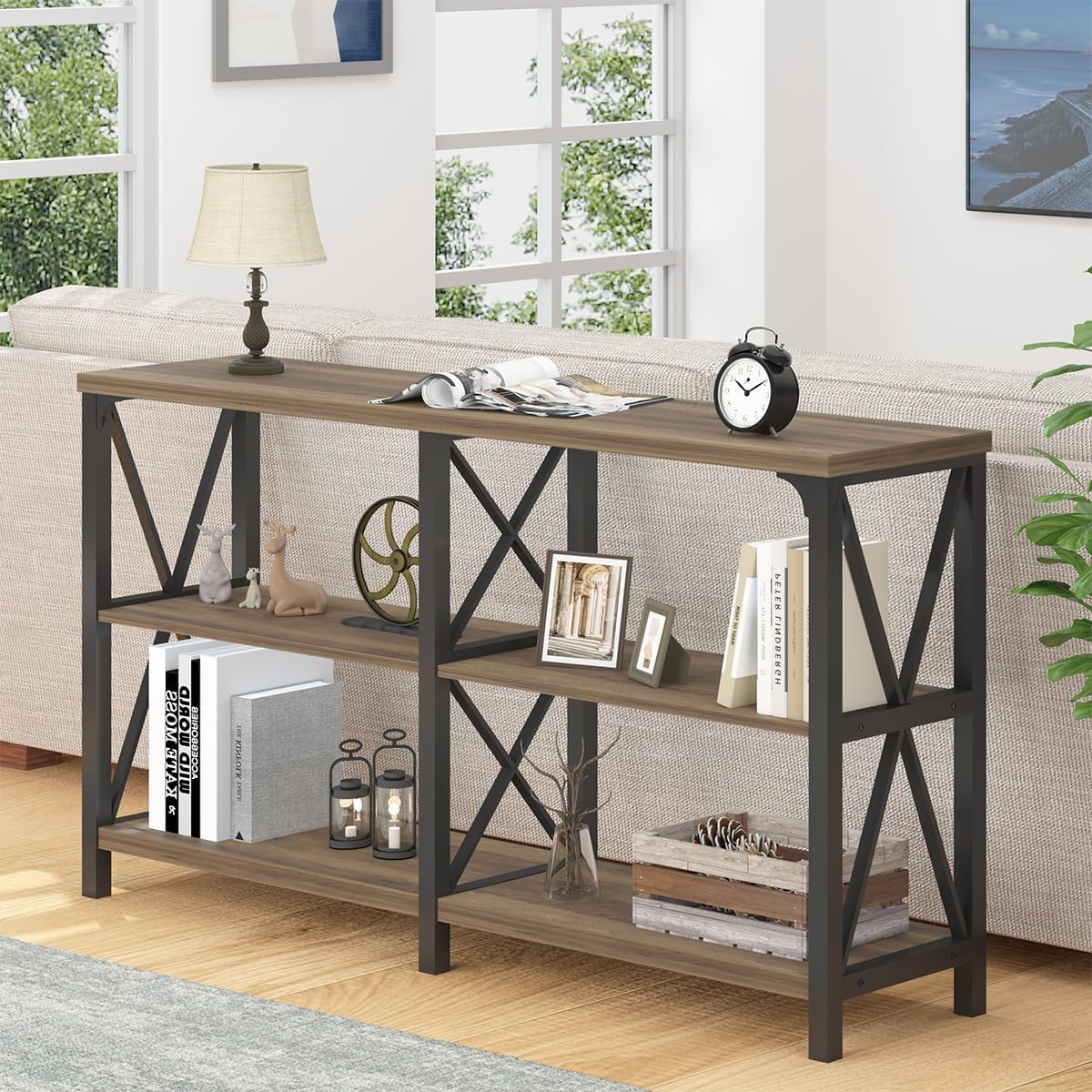 LVB Rustic Console Table, Wood Metal Entryway Table Behind Couch, Industrial Sofa Table with 3 Tier Storage Shelf, Modern Wooden Foyer Hallway Table for Entry Living Room Bedroom, Rustic Oak, 47 Inch