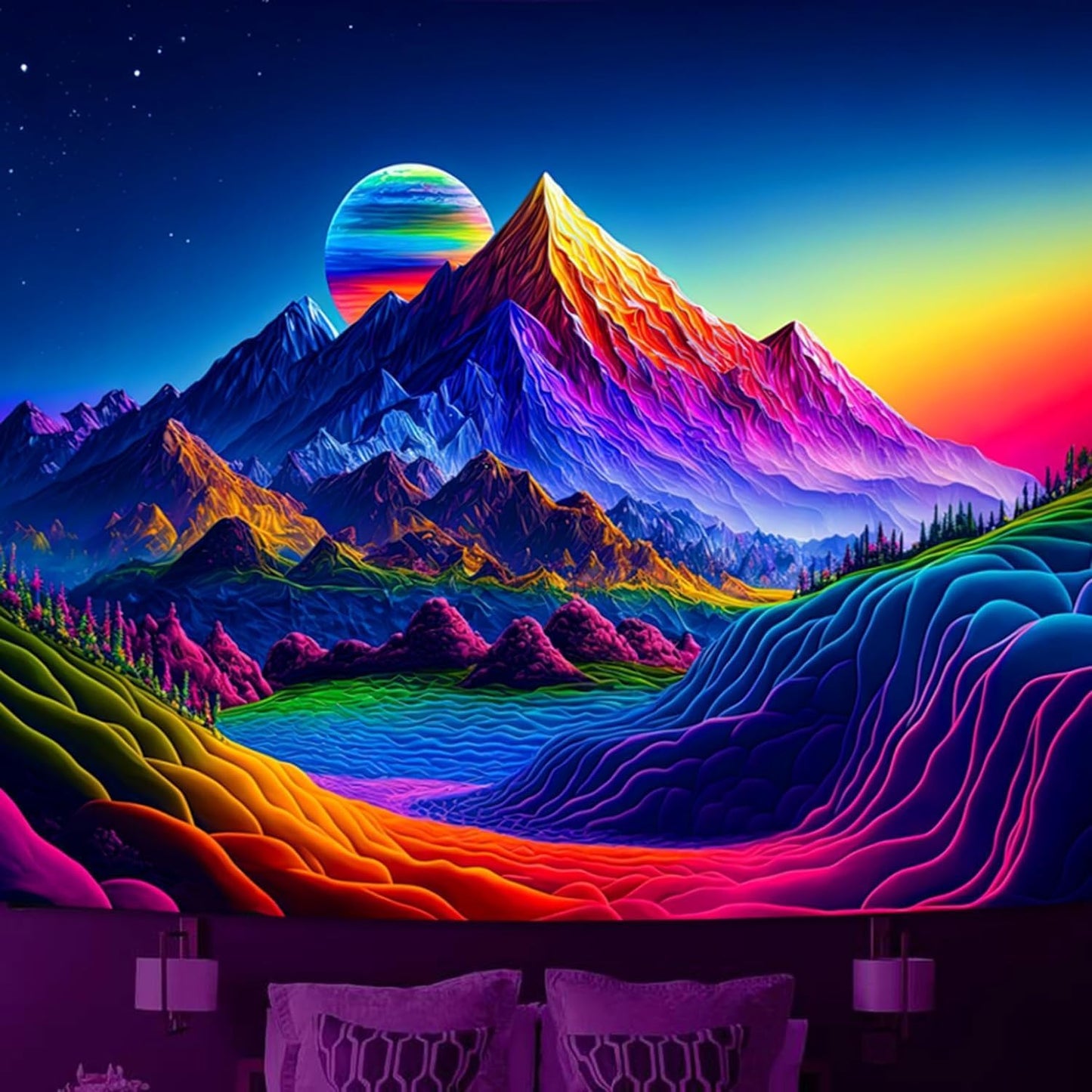 SparkLia Sunset Mountain Tapestry, Blacklight Colorful Forest Lake UV Reactive Tapestry, Neon Glow in the Dark Starry Stars Nature Landscape Wall Hanging Tapestries for Bedroom - 90" x 70"