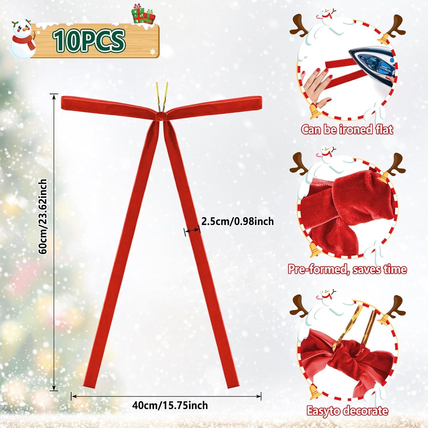 Draupnir Velvet Christmas Bow 10 PCS Red Velvet Bows for Christmas Tree Topper Staircase Wreath 23.62x15.75 inch Large Bow for Christmas Indoor Outdoor Decoration