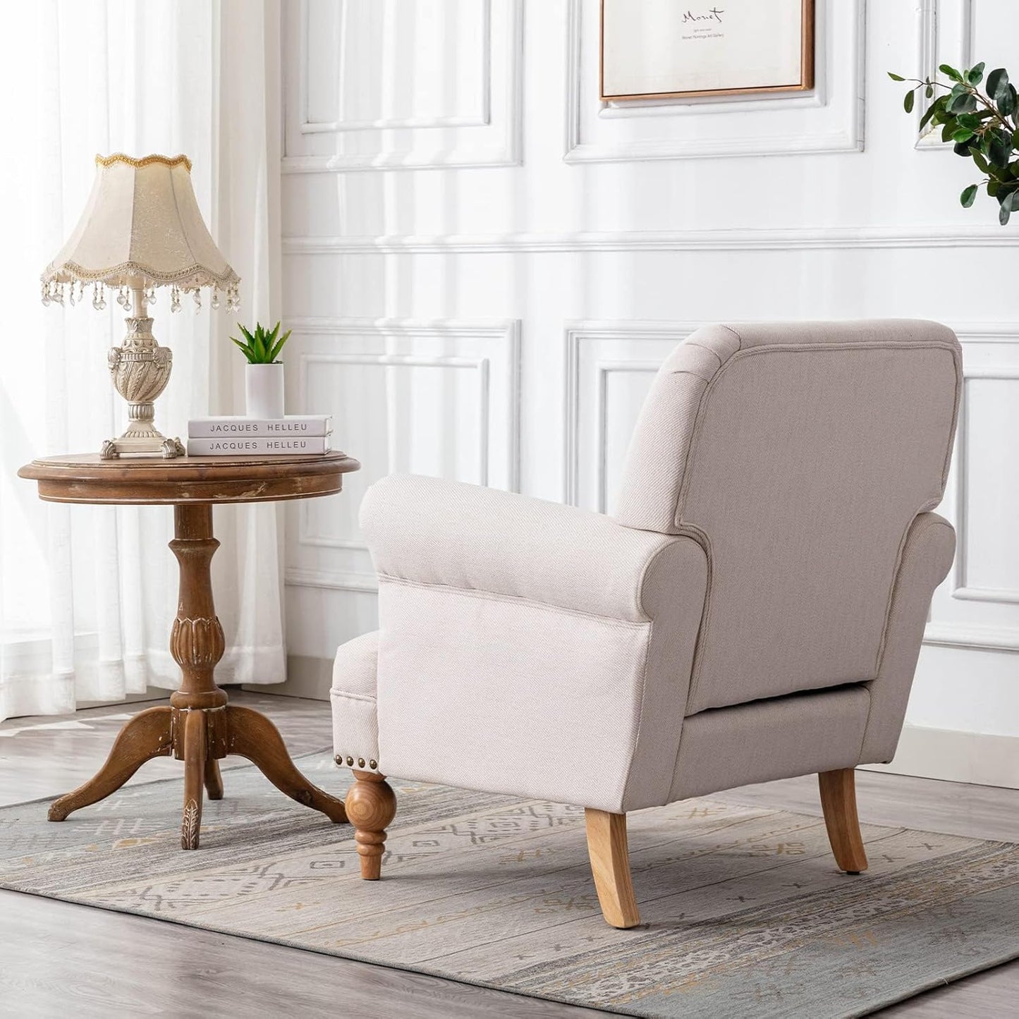 chairus Linen Accent Chair for Living Room Set of 2 Upholstered Mid Century Modern Single Sofa Chair with Solid Wood Legs Comfy Reading Chair Armchair for Bedroom/Office Room/Recption/Lounge, Cream