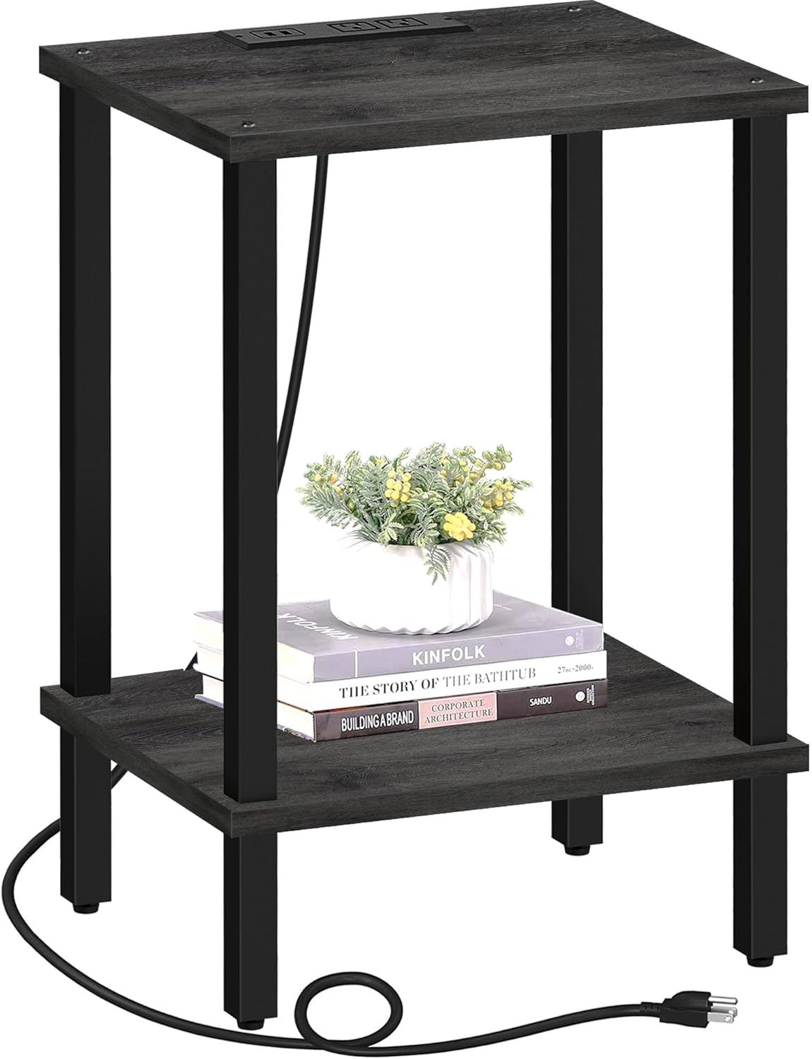 TUTOTAK End Table with Charging Station, Small Side Table with Outlets, Nightstand Bedside Table, 2-Tier Storage Shelf for Small Space, Living Room, Bedroom, Charcoal Grey TB01BY040