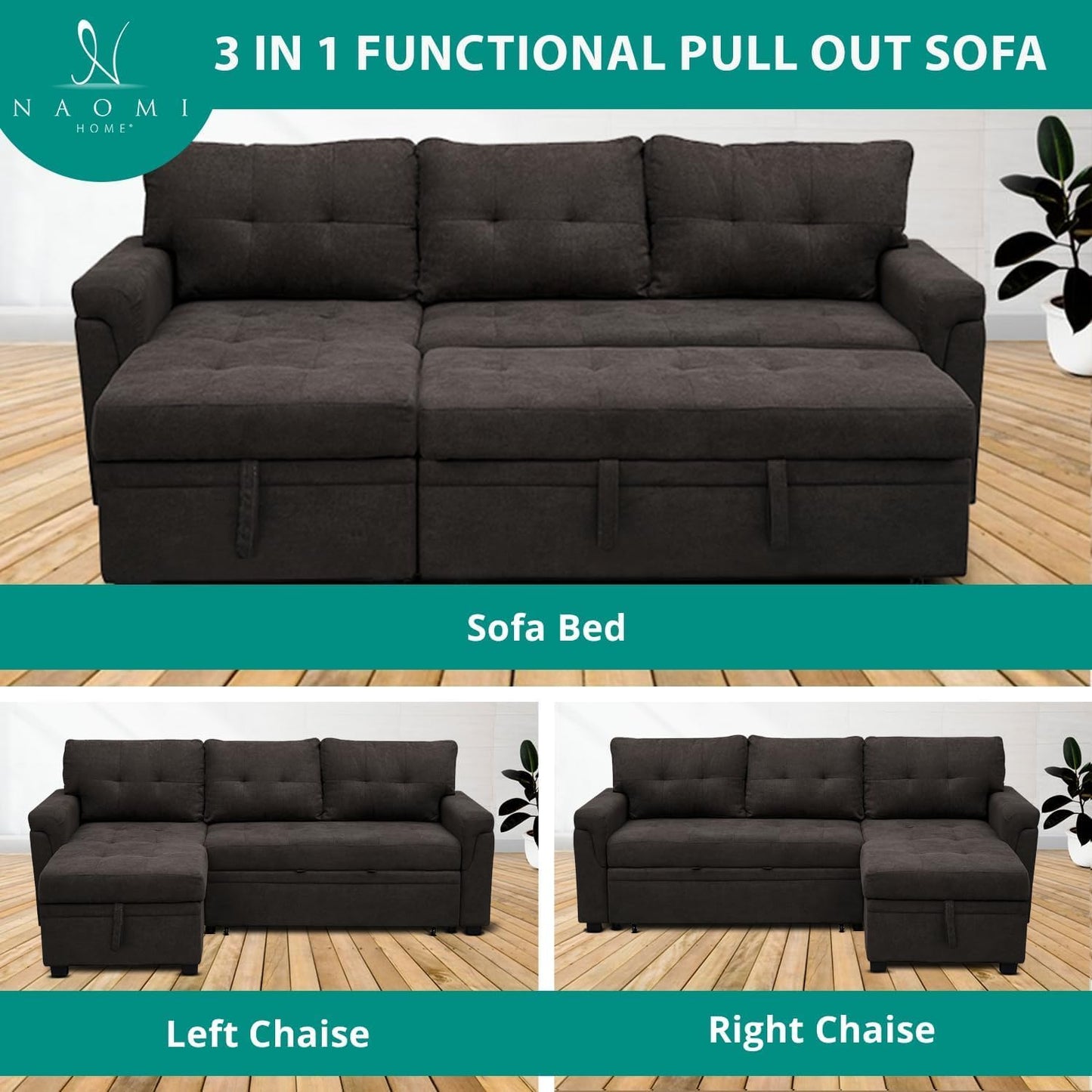 Naomi Home L-Shaped Reversible Sectional Sofa with Pull-Out Sleeper Bed and Storage Chaise, Espresso Velvet