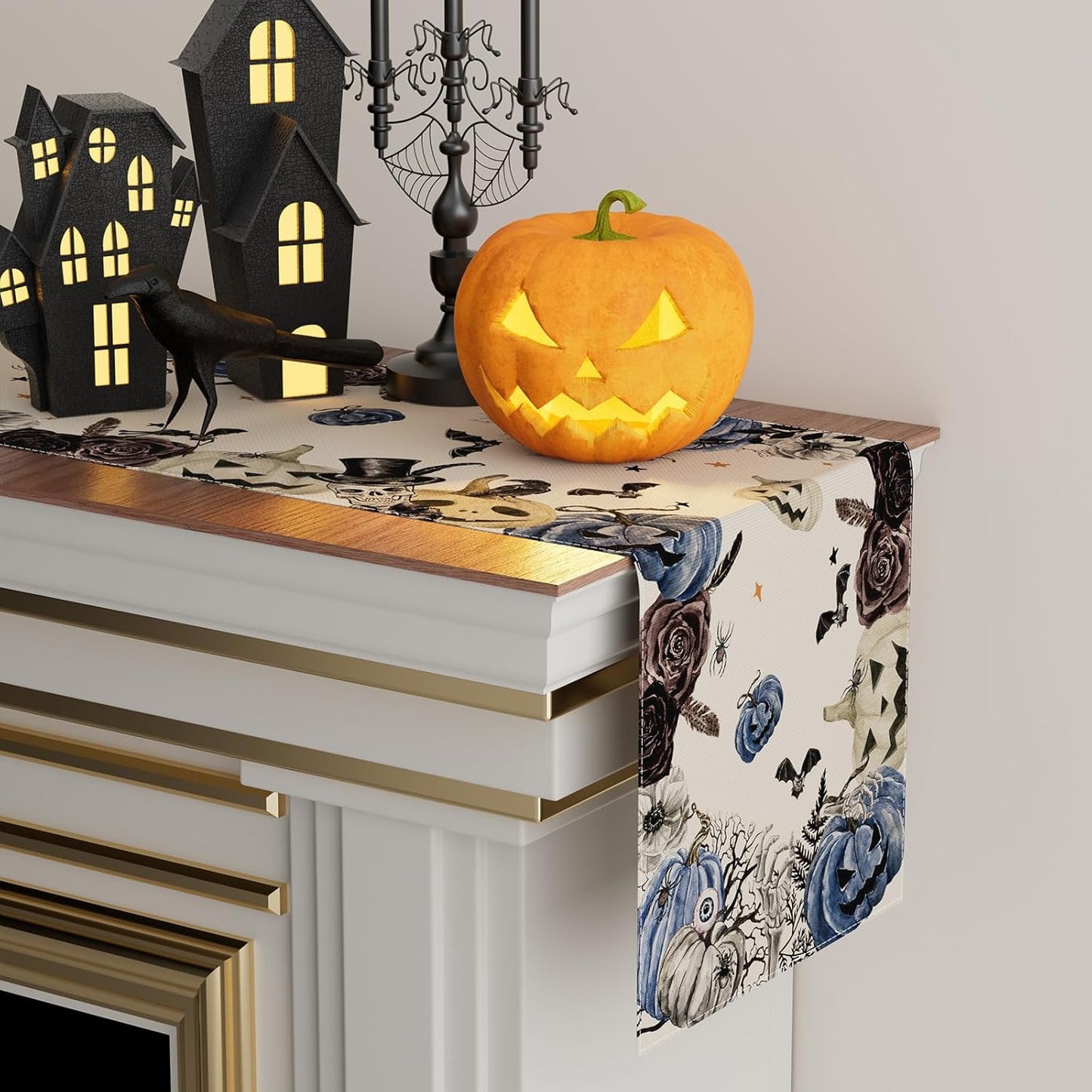 XCHI Spooky Blue Pumpkin Halloween Table Runner Party Table Decoration for Home Kitchen Dining Holiday Decor 13x36 Inch