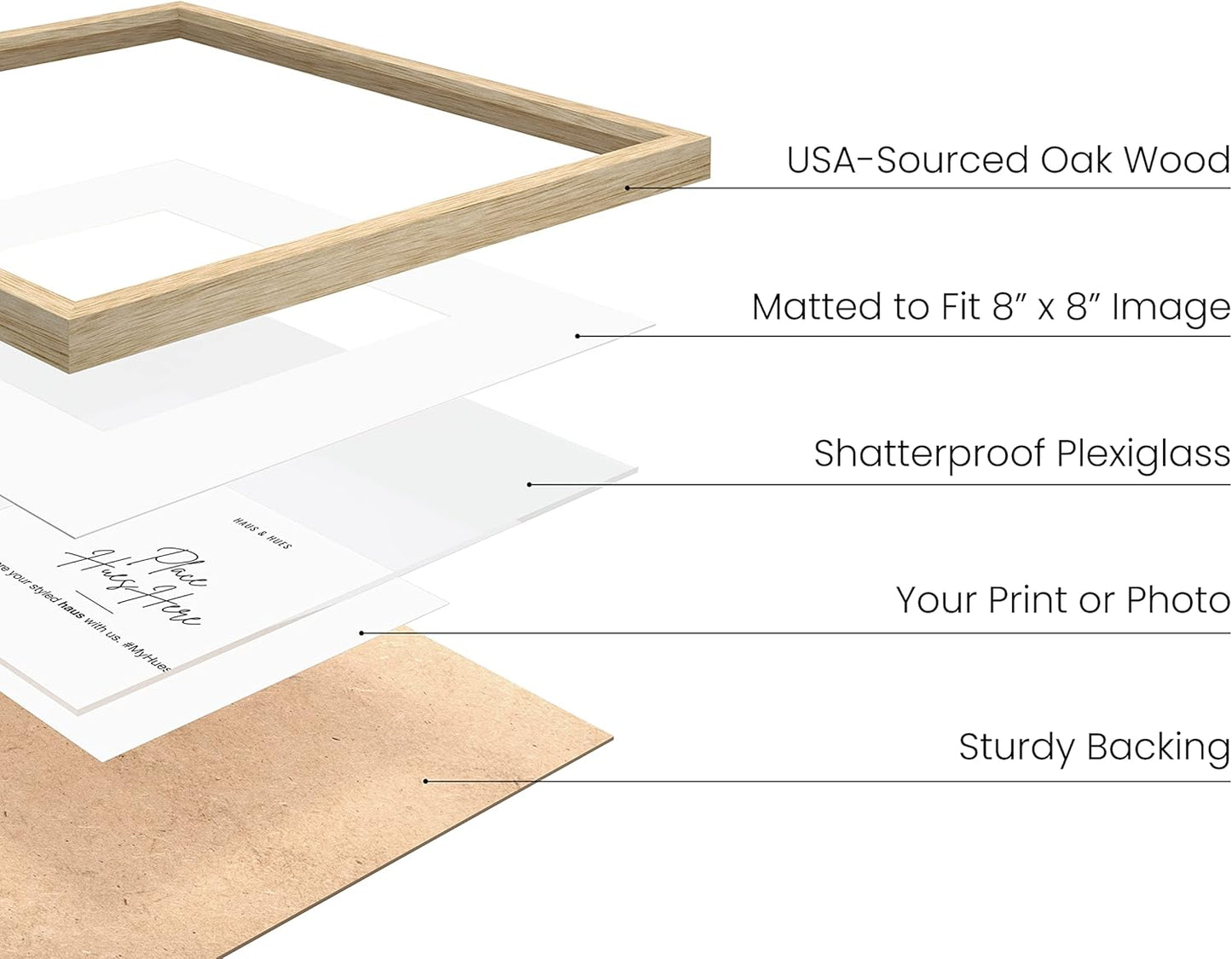 HAUS AND HUES Solid Oak Wood 12”x12” Picture Frames Matted to 8”x8” Set of 6 - Photo Gallery Wall Frames 12x12, Wood Picture Frames with Mat, 12x12 Gallery Wall Set (Beige Oak Frames)