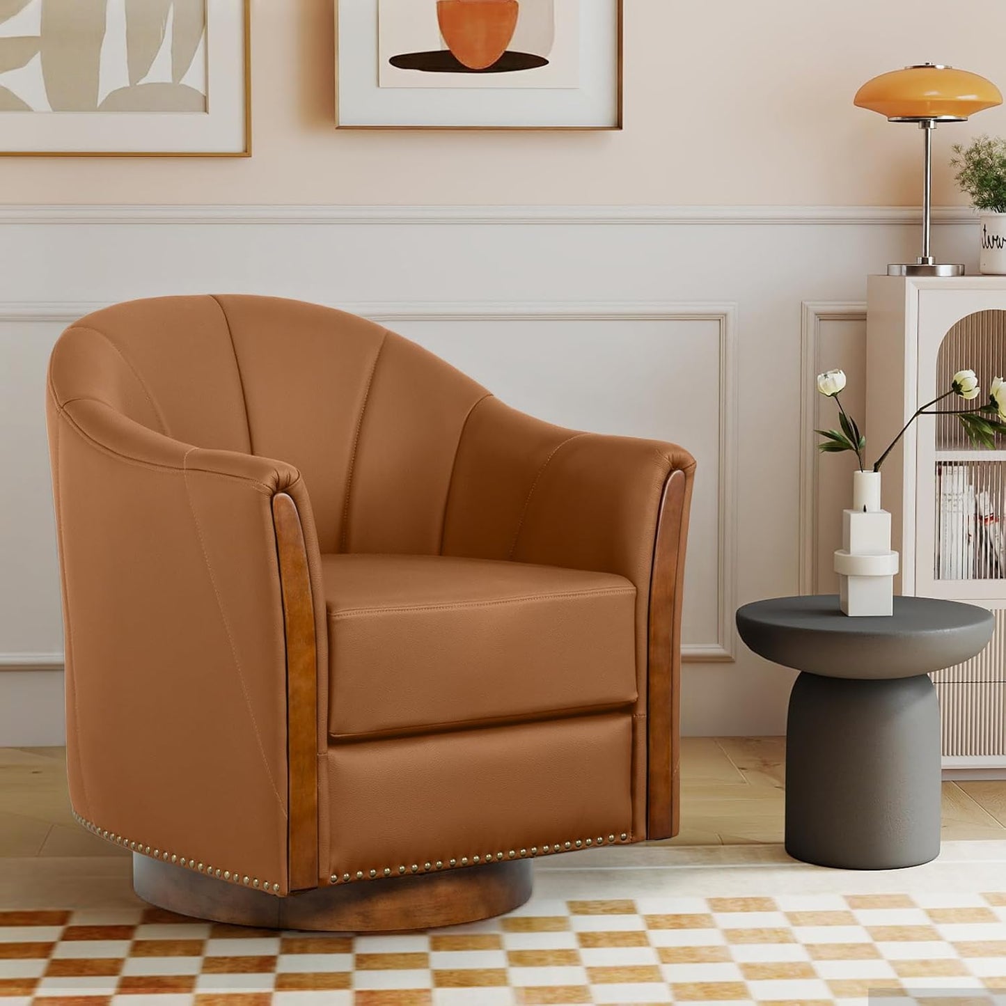 360° Swivel Accent Chair, Modern Leather Barrel Club Chair with Leather Upholstery and Sturdy Wood Base, Comfortable Armchair for Living Room, Bedroom, Reading Nook, Brown