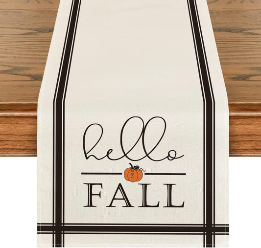 Artoid Mode Hello Fall Stripes Pumpkin Autumn Table Runner, Seasonal Fall Kitchen Dining Table Decoration for Home Party Decor 13x120 Inch