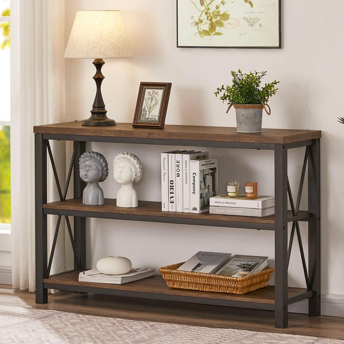 BON AUGURE Rustic Entryway Table, Farmhouse Hallway Table, Console Tables for Entryway, 3 Tier Sofa Tables for Living Room, Industrial Entry Table (47 Inch, Rustic Oak)