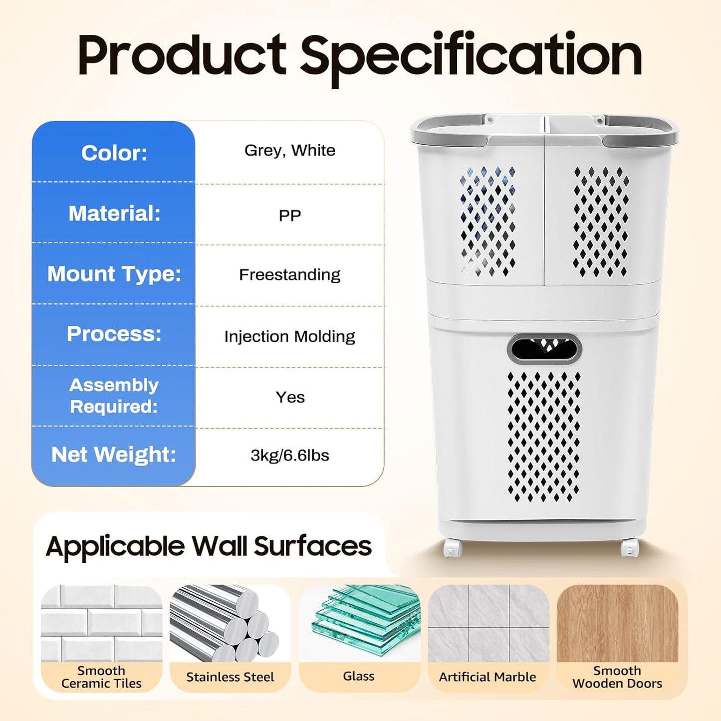 Movable Household Laundry Basket,2 Tier Laundry Hamper Basket Sorter with Wheels&Handle,Large Hand-Held Laundry Basket Clothes Storage Organizer for Bathrooms Bedrooms