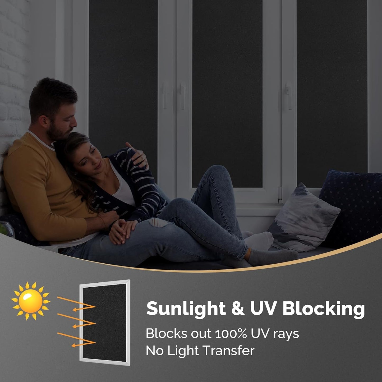 DOWELL Blackout Window Film, 100% Light Sun Blocking Static Cling Frosted Privacy Film for Glass, Heat Control Removable Window Tint, Room Darkening Cover for Day Sleep, Black, 17.5" x 157.5"