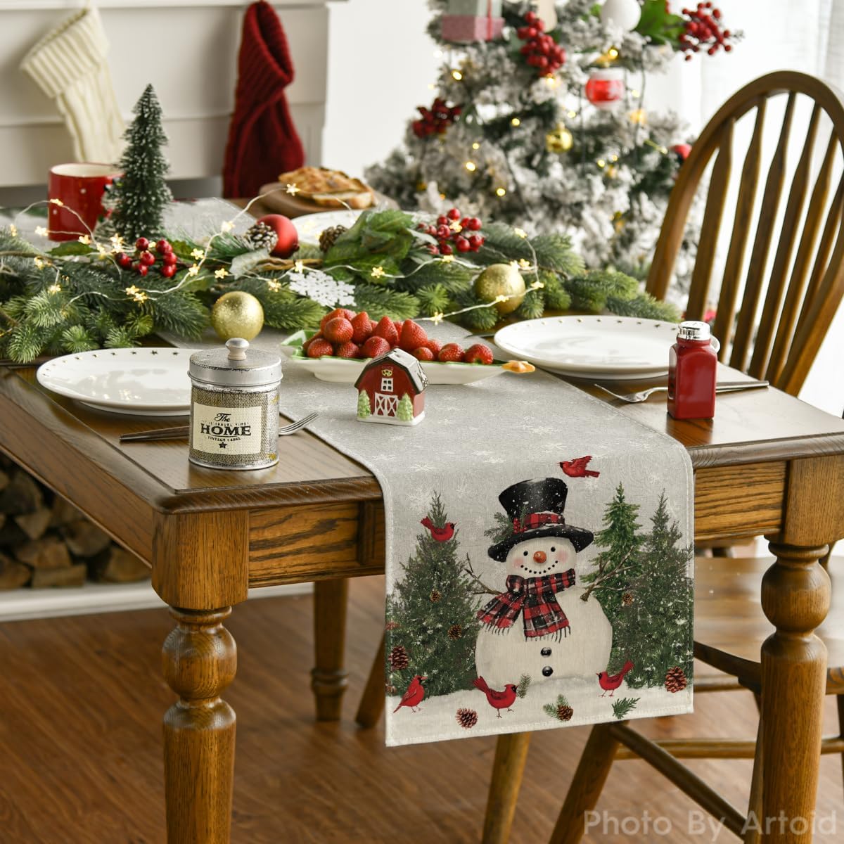 Artoid Mode Snowman Birds Trees Christmas Table Runner, Seasonal Silver Winter Holiday Kitchen Dining Table Decoration for Home Party Decor 13 x 72 Inch