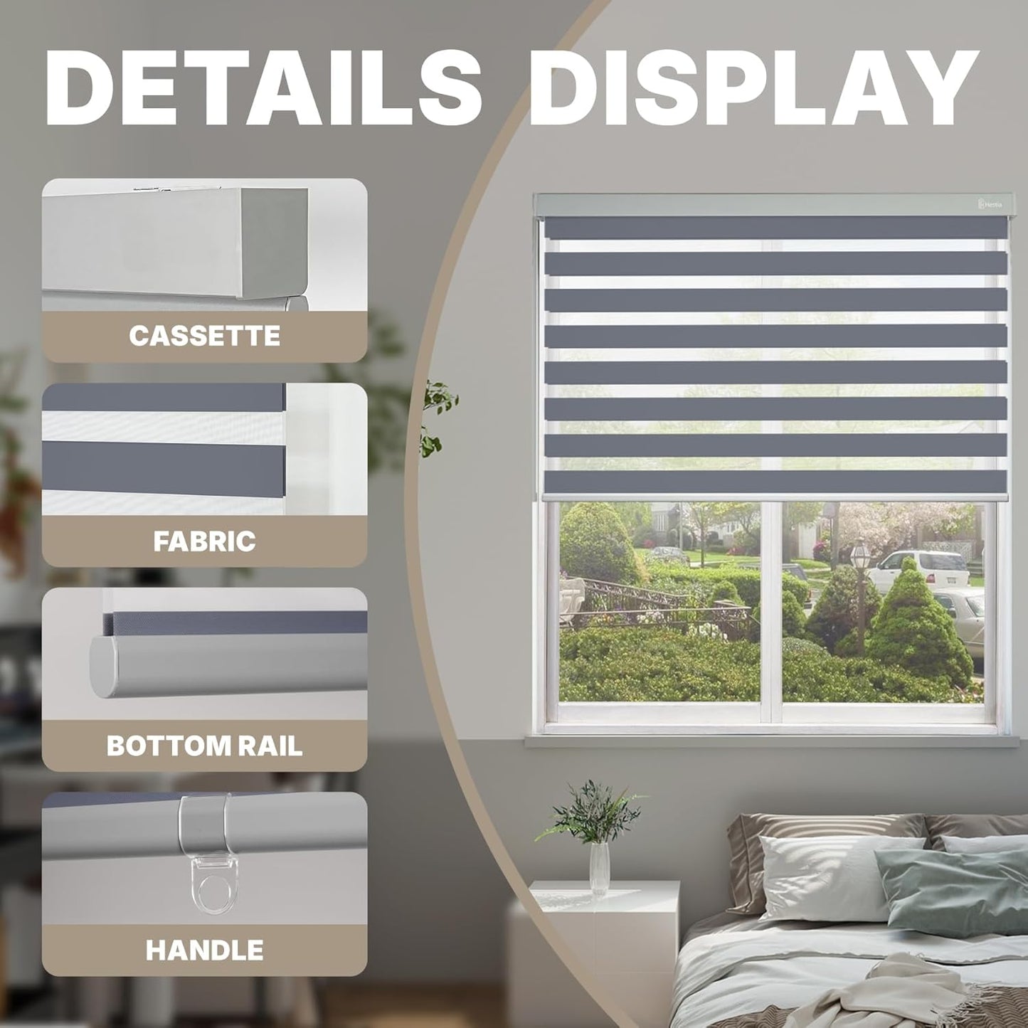 HESTIA Cordless Zebra Blinds Light Filtering Roller Shades UV Blocking Blackout Privacy Indoor Window Blind for Home Office Day and Night, Blue Grey, 38" W x 60" H