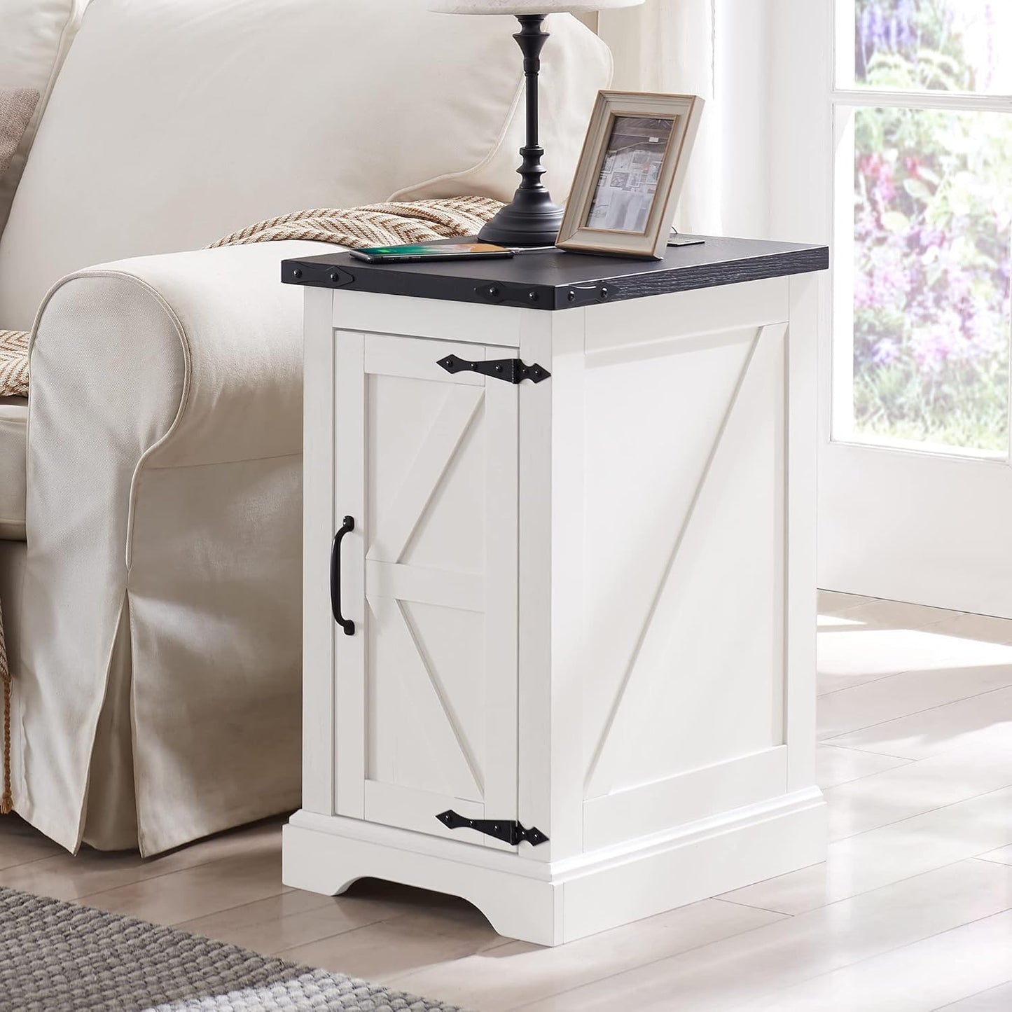 JXQTLINGMU Farmhouse Nightstand Set of 2 with Charging Station, 17" D Rectangular End Table with Barn Door & Adjustable Storage Shelf, Wood Rustic Sofa Side Table for Living Room, Bedroom, White