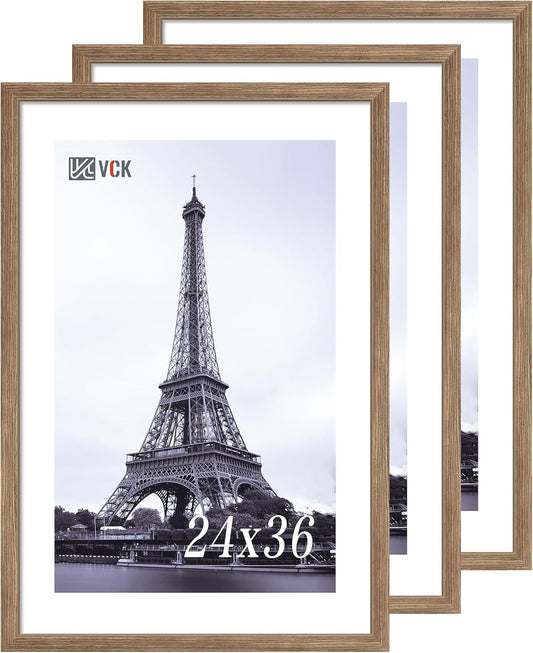 VCK 24x36 Poster Frame 3 Pack - Brown Walnut, Natural Textured Solid Wood Picture Frame, Wall Mounting Hanging