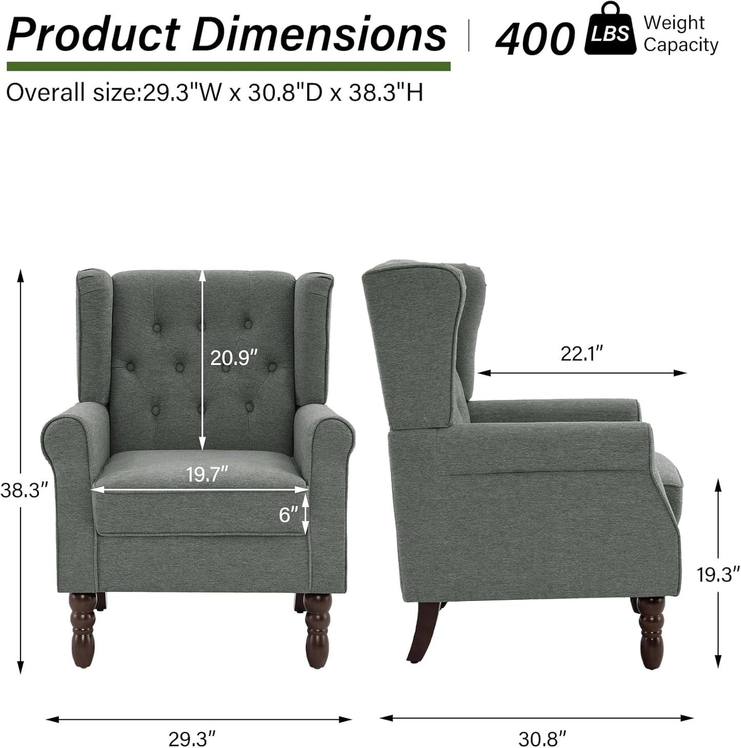 Accent Chair, Upholstered Armchair with Button Tufted High Back & Solid Wood Legs, Comfy Wingback Reading Single Sofa Chair for Small Spaces, Living Room, Bedroom (Grey, Set of 1)