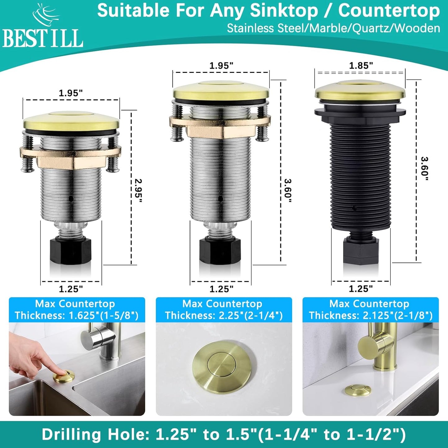 BESTILL Garbage Disposal Air Switch Kit - UL Listed, Brass 2.95" Short Sink Top On/Off Switch Button for Food Waste Disposer, Brushed Gold, Compatible with all Garbage Disposals