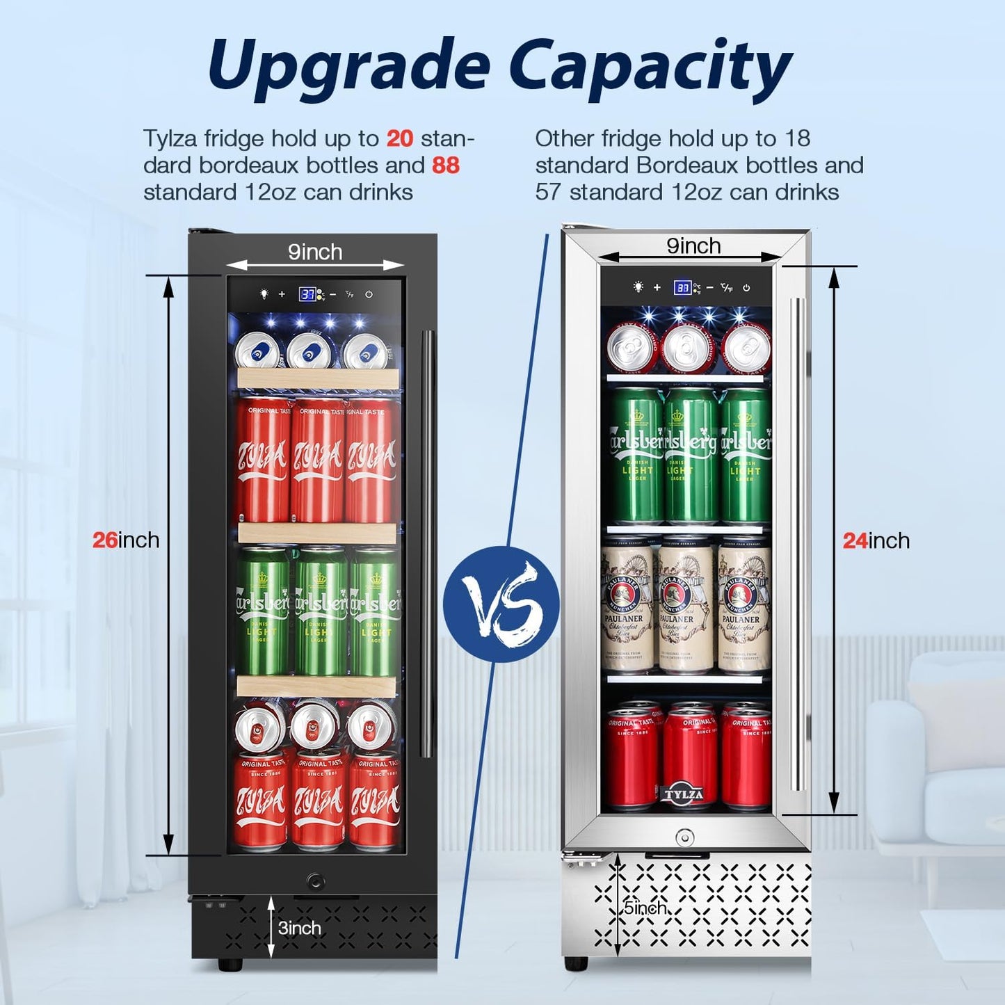 Tylza 24 Inch Wine and Beverage Refrigerator, Dual Zone Wine Beverage Cooler 24" with French Door, Under Counter Wine Beer Fridge Built-In or Freestanding, Holds 20 Bottles and 88 Cans, Black